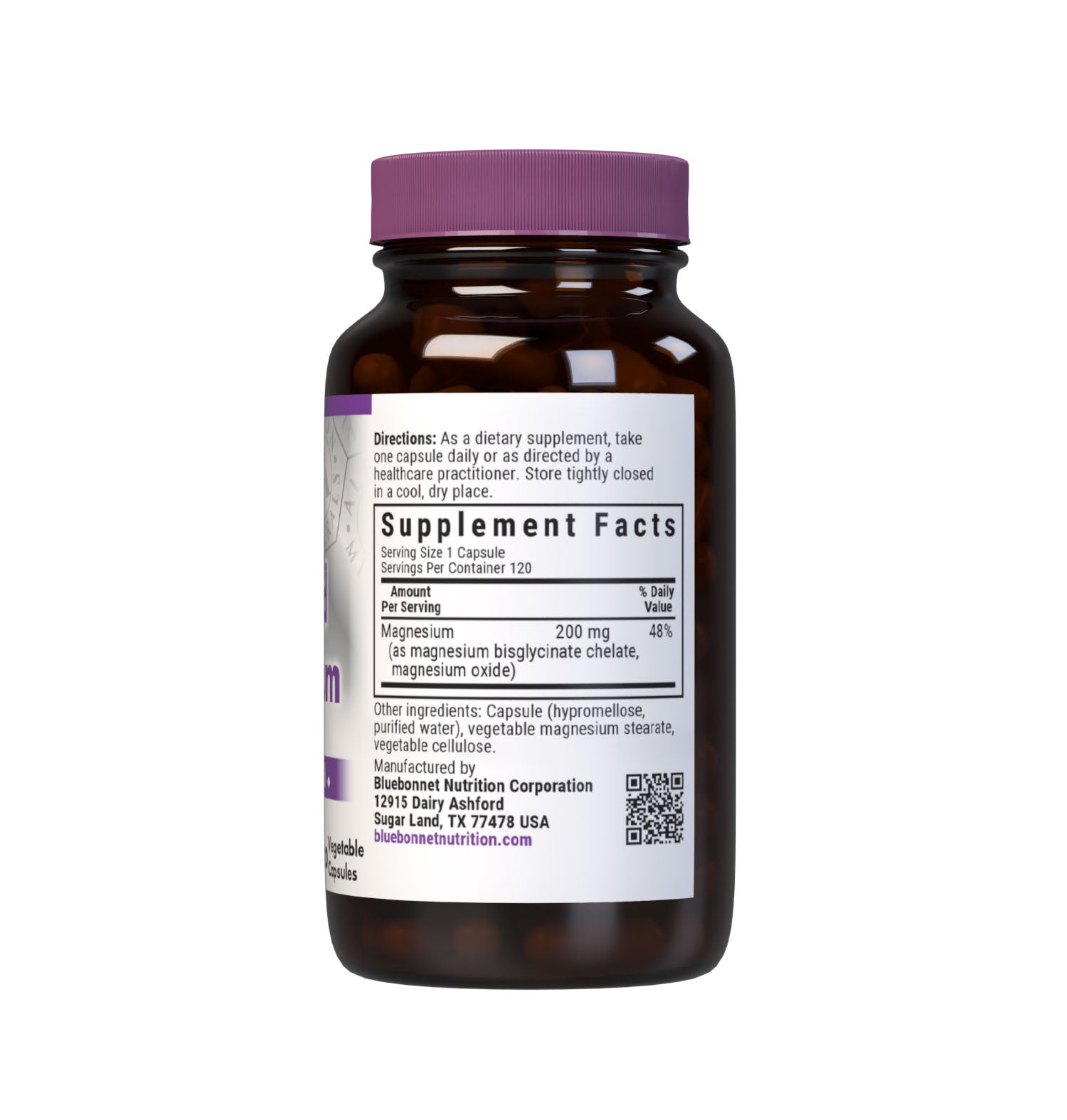 Bluebonnet's Buffered Chelated Magnesium 120 Vegetable Capsules are formulated with chelated magnesium bisglycinate buffered with magnesium oxide to increase the pH (alkalinity) to make it gentle on the digestive tract. Supplement facts panel. #size_120 count