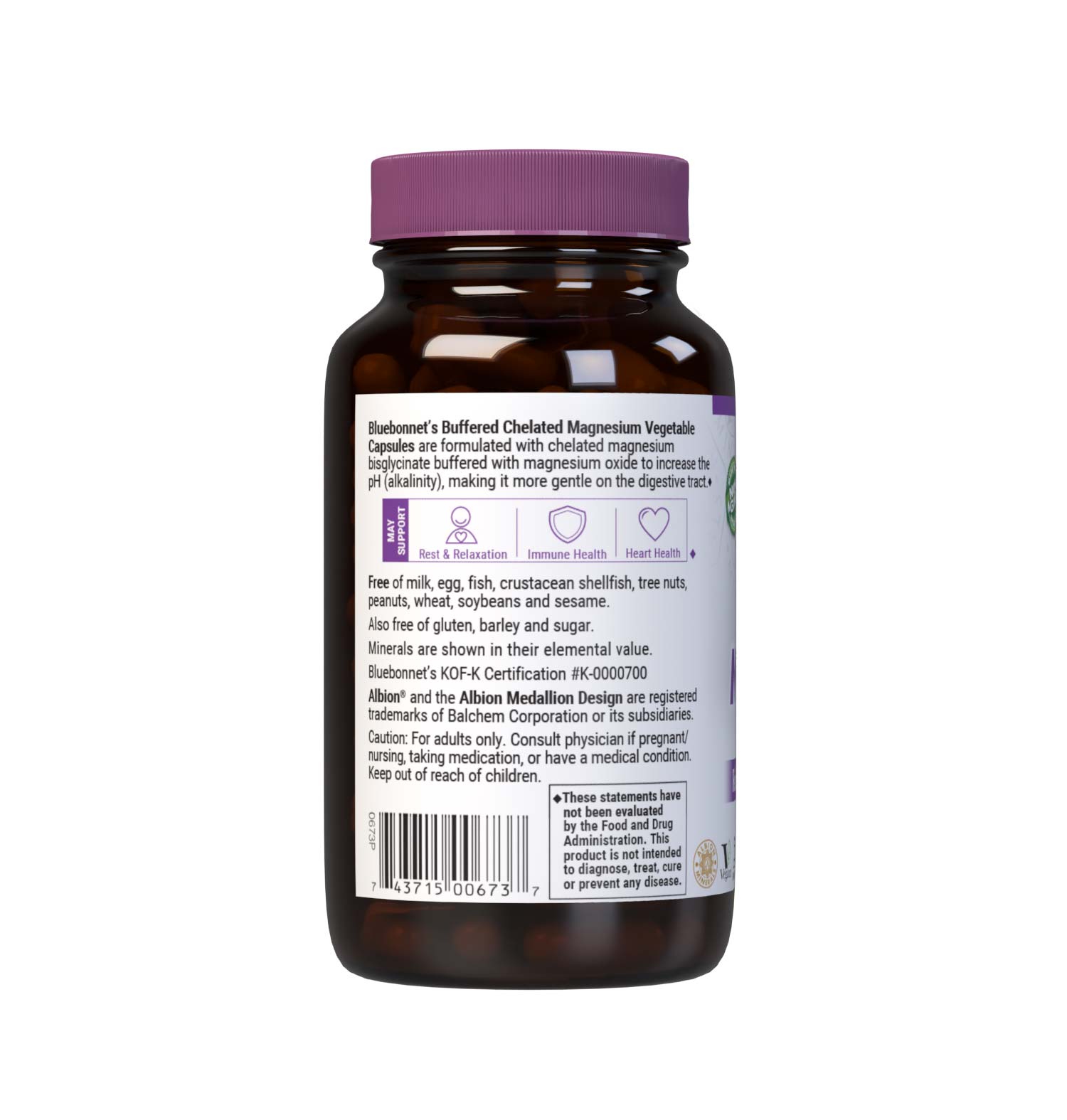 Bluebonnet's Buffered Chelated Magnesium 120 Vegetable Capsules are formulated with chelated magnesium bisglycinate buffered with magnesium oxide to increase the pH (alkalinity) to make it gentle on the digestive tract. Description panel. #size_120 count