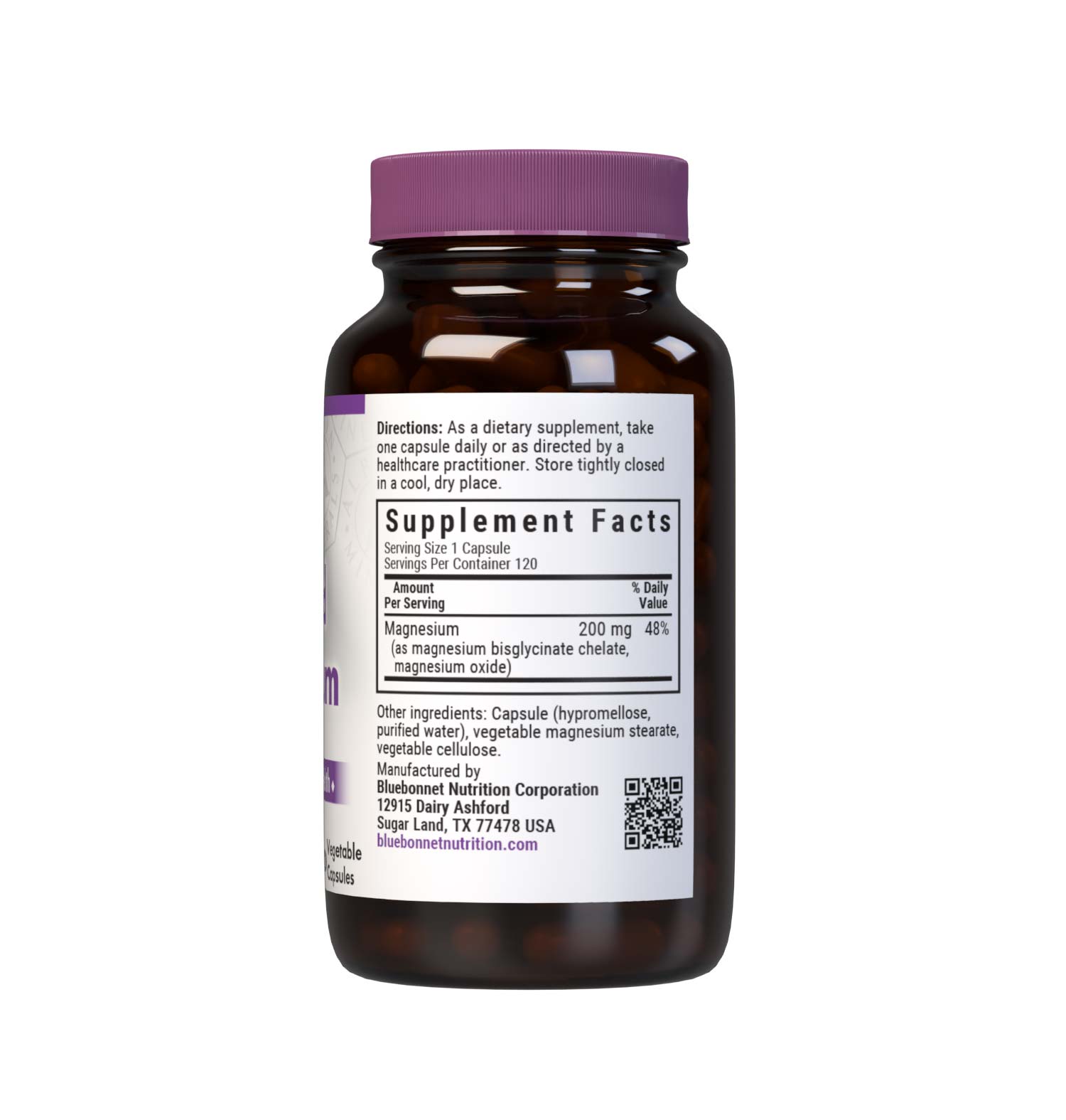 Bluebonnet's Buffered Chelated Magnesium 120 Vegetable Capsules are formulated with chelated magnesium bisglycinate buffered with magnesium oxide to increase the pH (alkalinity) to make it gentle on the digestive tract. Supplement facts panel. #size_120 count
