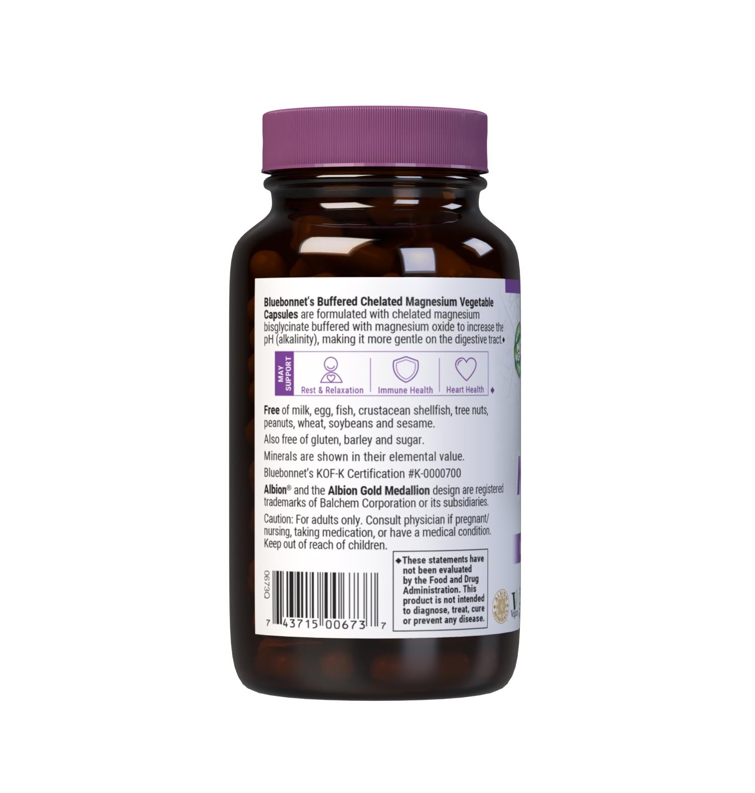 Bluebonnet's Buffered Chelated Magnesium 120 Vegetable Capsules are formulated with chelated magnesium bisglycinate buffered with magnesium oxide to increase the pH (alkalinity) to make it gentle on the digestive tract. Description panel. #size_120 count