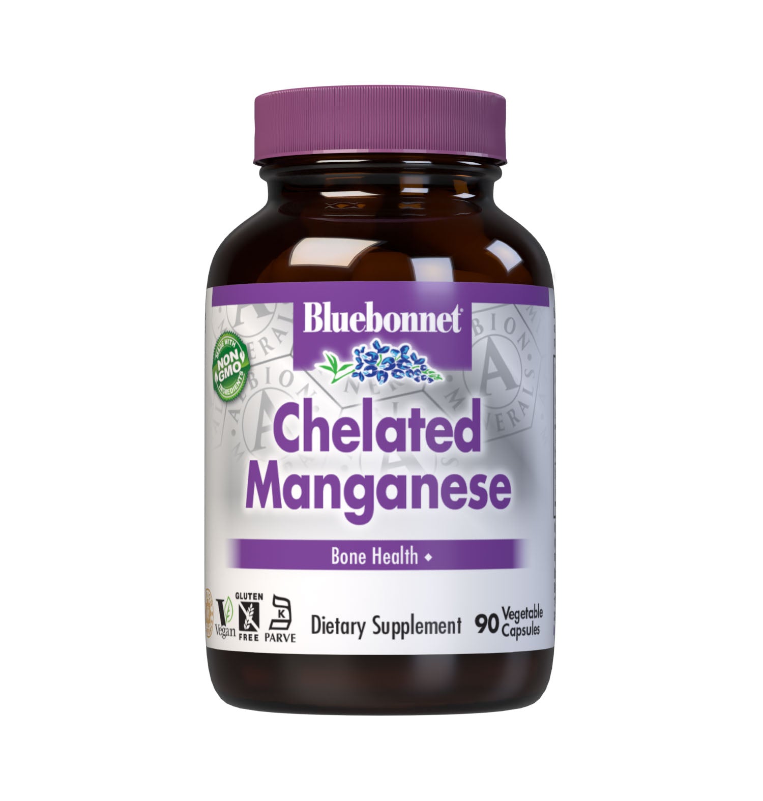 Bluebonnet's Chelated Manganese 90 Vegetable Capsules are formulated with 10 mg of elemental manganese from fully reacted manganese bisglycinate, an amino acid chelate mineral from Albion. Manganese is an essential element that is necessary for supporting bone health. #size_90 count