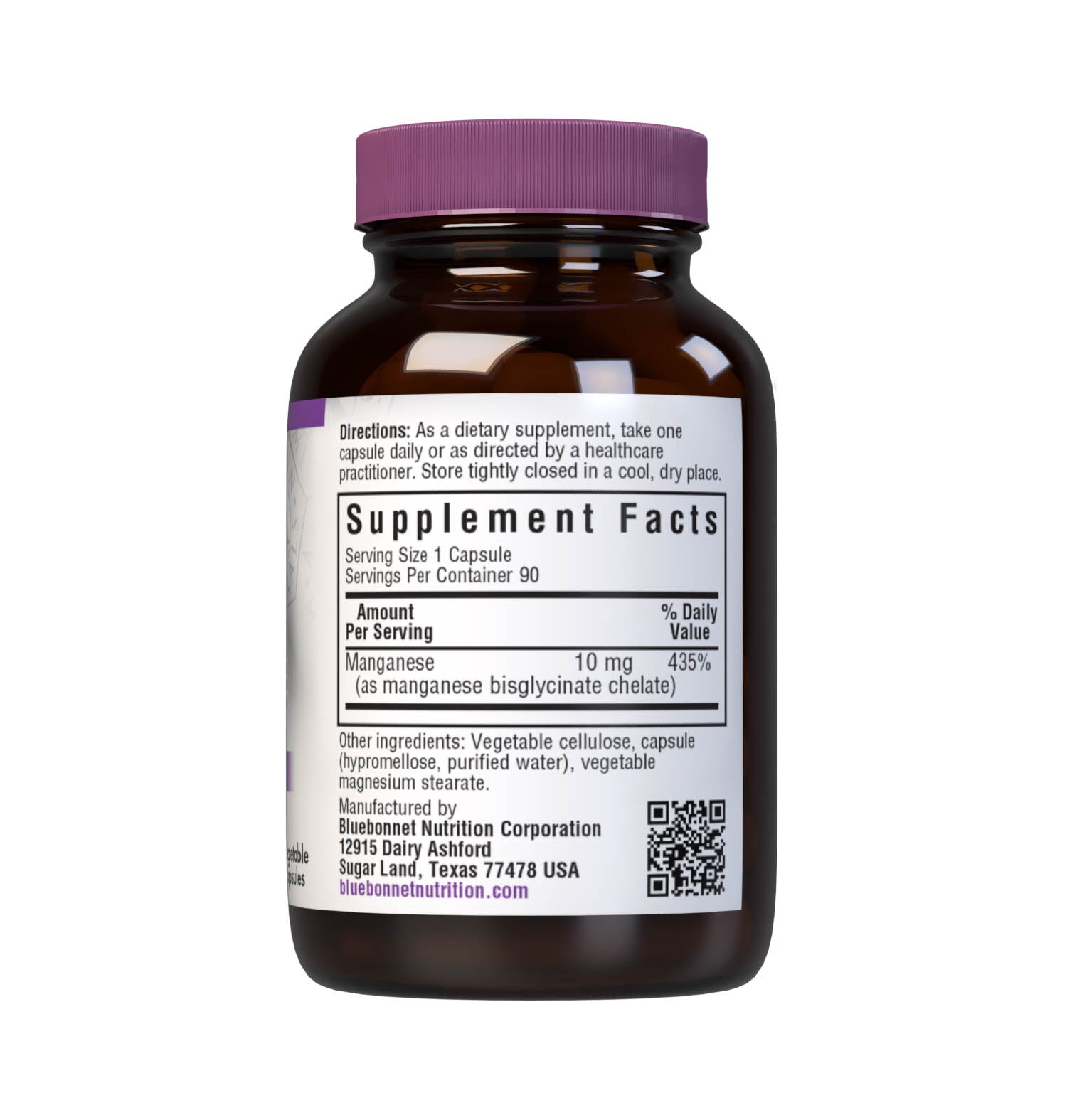 Bluebonnet's Chelated Manganese 90 Vegetable Capsules are formulated with 10 mg of elemental manganese from fully reacted manganese bisglycinate, an amino acid chelate mineral from Albion. Manganese is an essential element that is necessary for supporting bone health. Supplement facts panel. #size_90 count