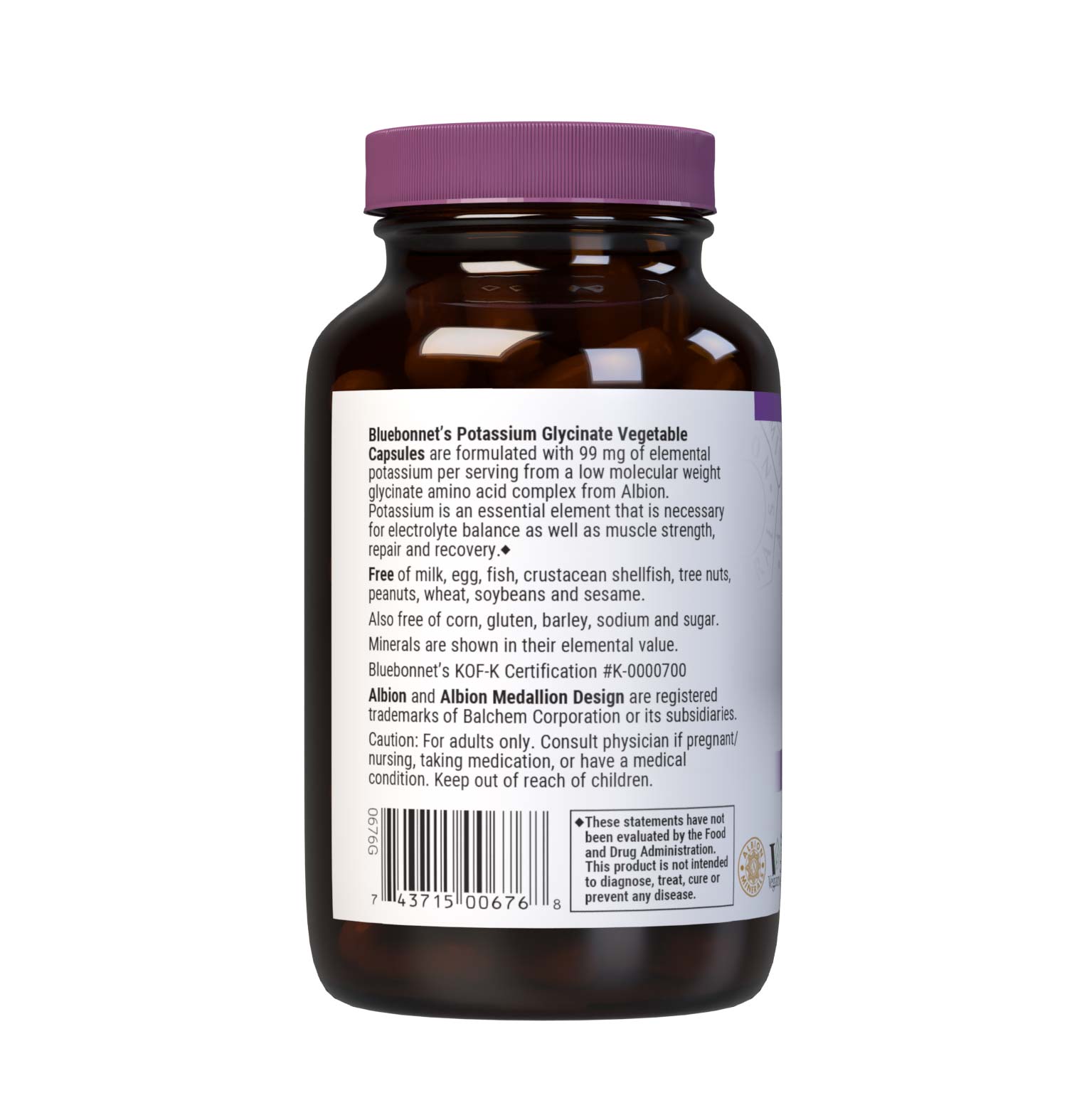 Bluebonnet's Potassium Glycinate 90 Vegetable Capsules are formulated with 99 mg of elemental potassium per serving from a low molecular weight glycinate amino acid complex from Albion. Potassium is an essential element that is necessary for electrolyte balance as well as muscle strength, repair and recovery. Description panel. #size_90 count