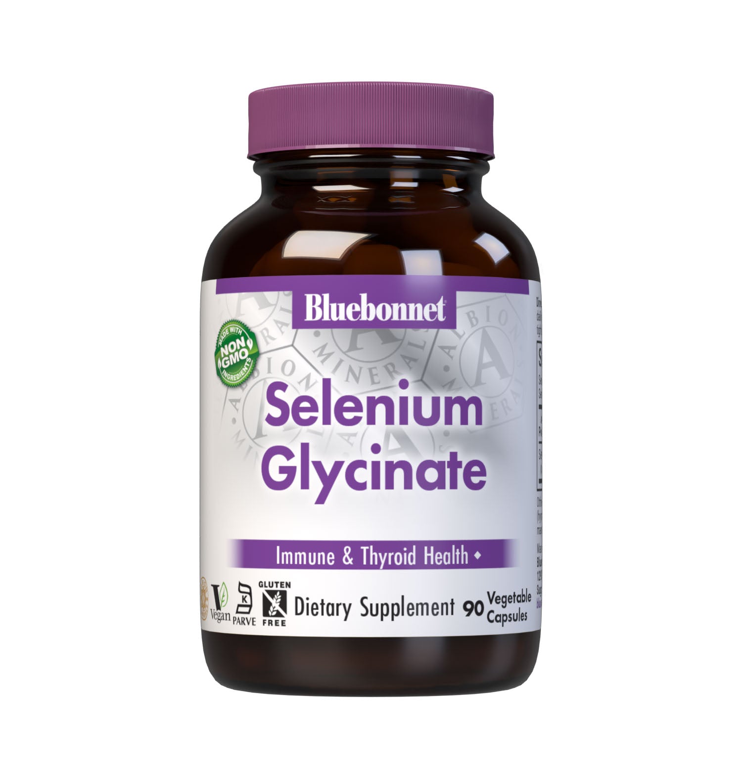 Bluebonnet’s Albion Selenium Glycinate 90 vegetable capsules are formulated with 200 mcg of elemental selenium per serving from a low molecular weight glycerinate amino acid complex from Albion. Selenium is an essential element that is necessary for immune health and thyroid support. #size_90 count