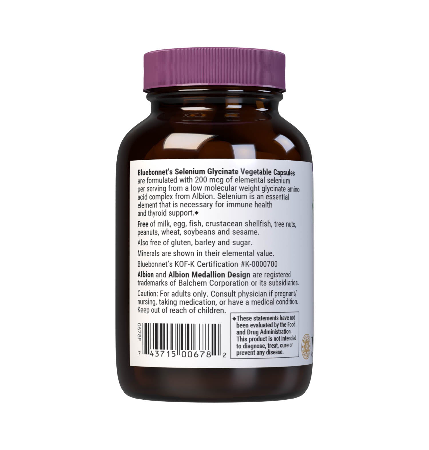 Bluebonnet’s Albion Selenium Glycinate 90 vegetable capsules are formulated with 200 mcg of elemental selenium per serving from a low molecular weight glycerinate amino acid complex from Albion. Selenium is an essential element that is necessary for immune health and thyroid support. Description panel. #size_90 count