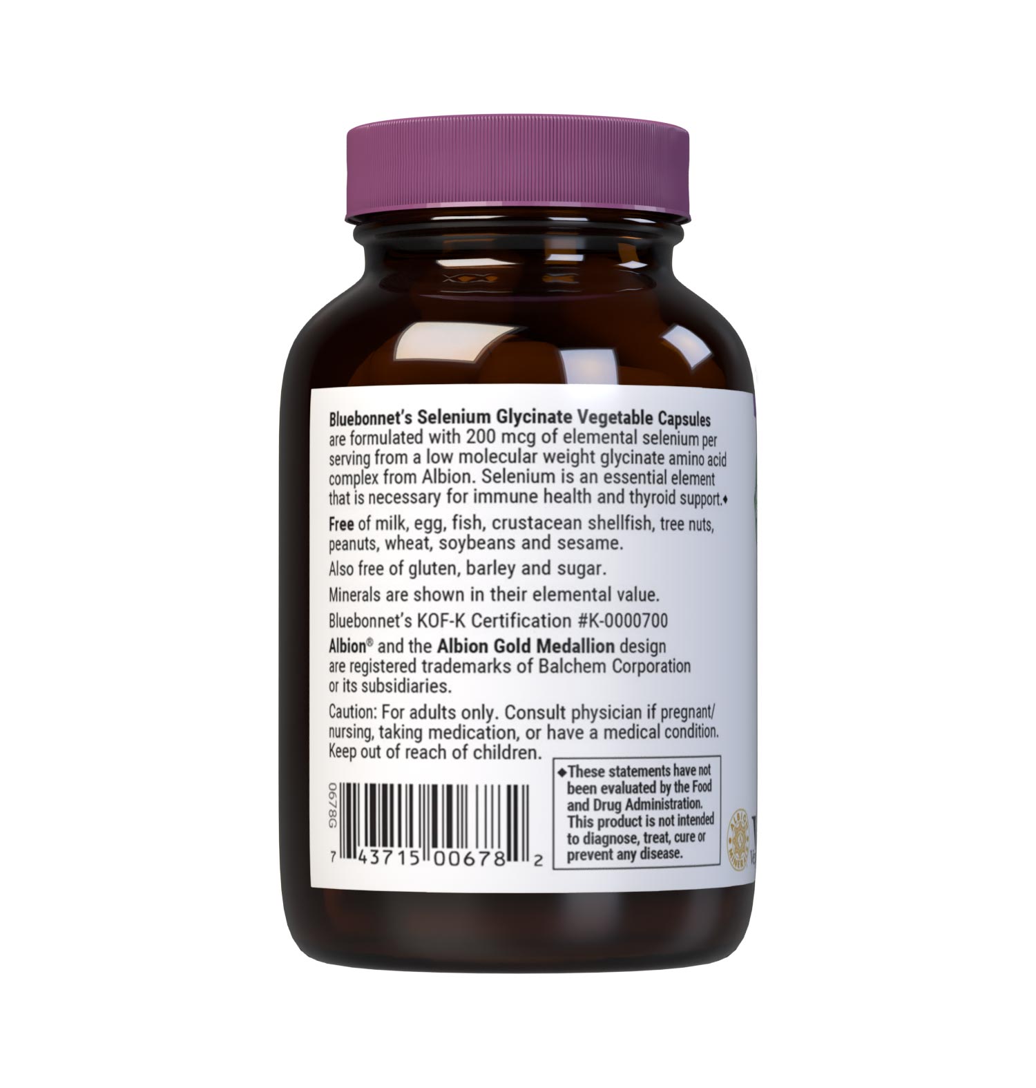 Bluebonnet’s Albion Selenium Glycinate 90 vegetable capsules are formulated with 200 mcg of elemental selenium per serving from a low molecular weight glycerinate amino acid complex from Albion. Selenium is an essential element that is necessary for immune health and thyroid support. Description panel. #size_90 count
