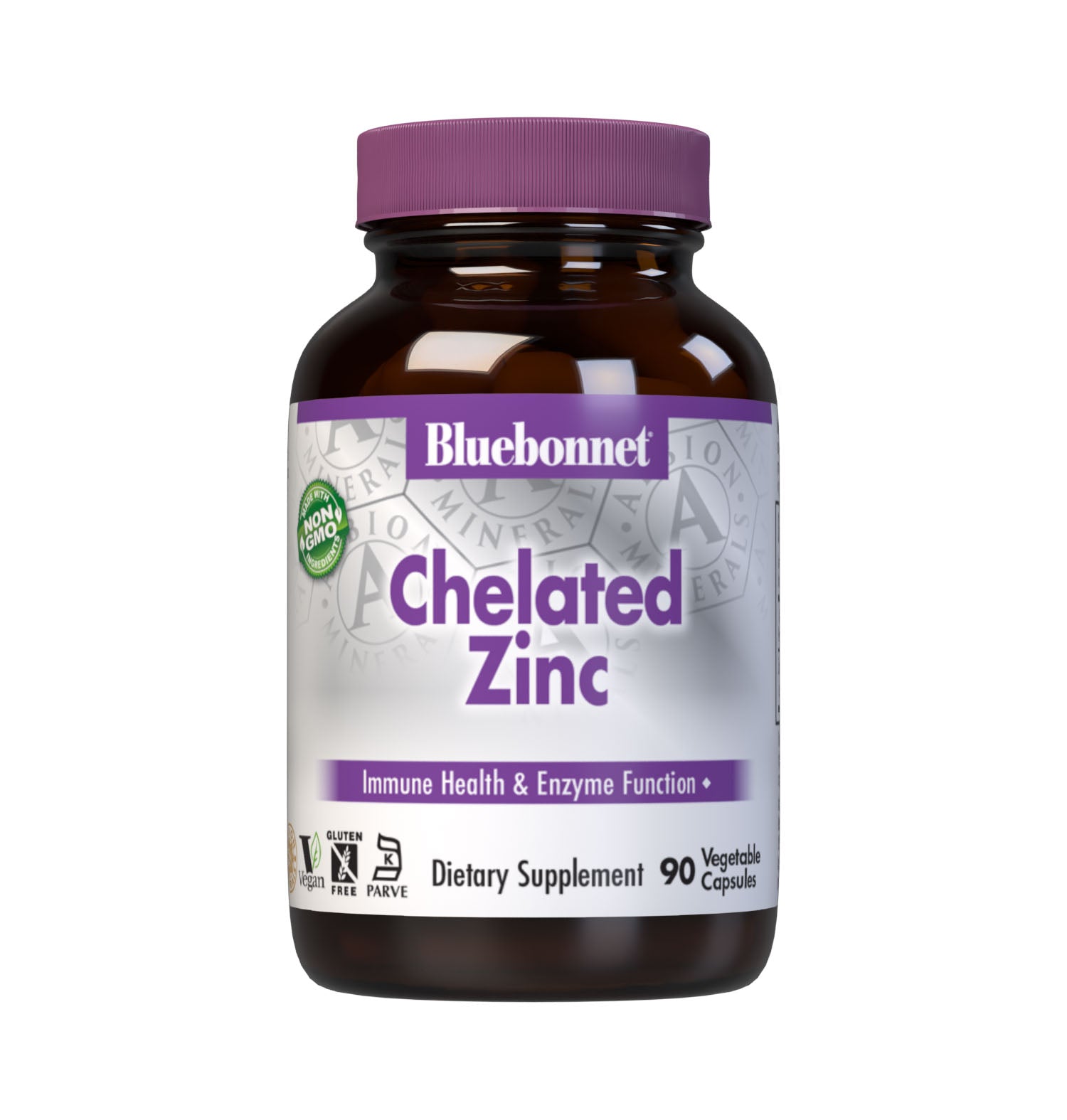 Bluebonnet's Chelated Zinc 90 Vegetable Capsules are formulated with 30 mg of elemental zinc from fully reacted zinc bisglycinate, an amino acid chelate mineral from Albion. Zinc is an essential element that is necessary for immune health and enzyme function. #size_90 count