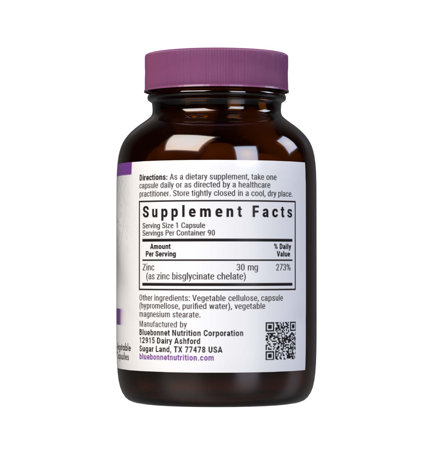 Bluebonnet's Chelated Zinc 90 Vegetable Capsules are formulated with 30 mg of elemental zinc from fully reacted zinc bisglycinate, an amino acid chelate mineral from Albion. Zinc is an essential element that is necessary for immune health and enzyme function. Supplement facts panel. #size_90 count