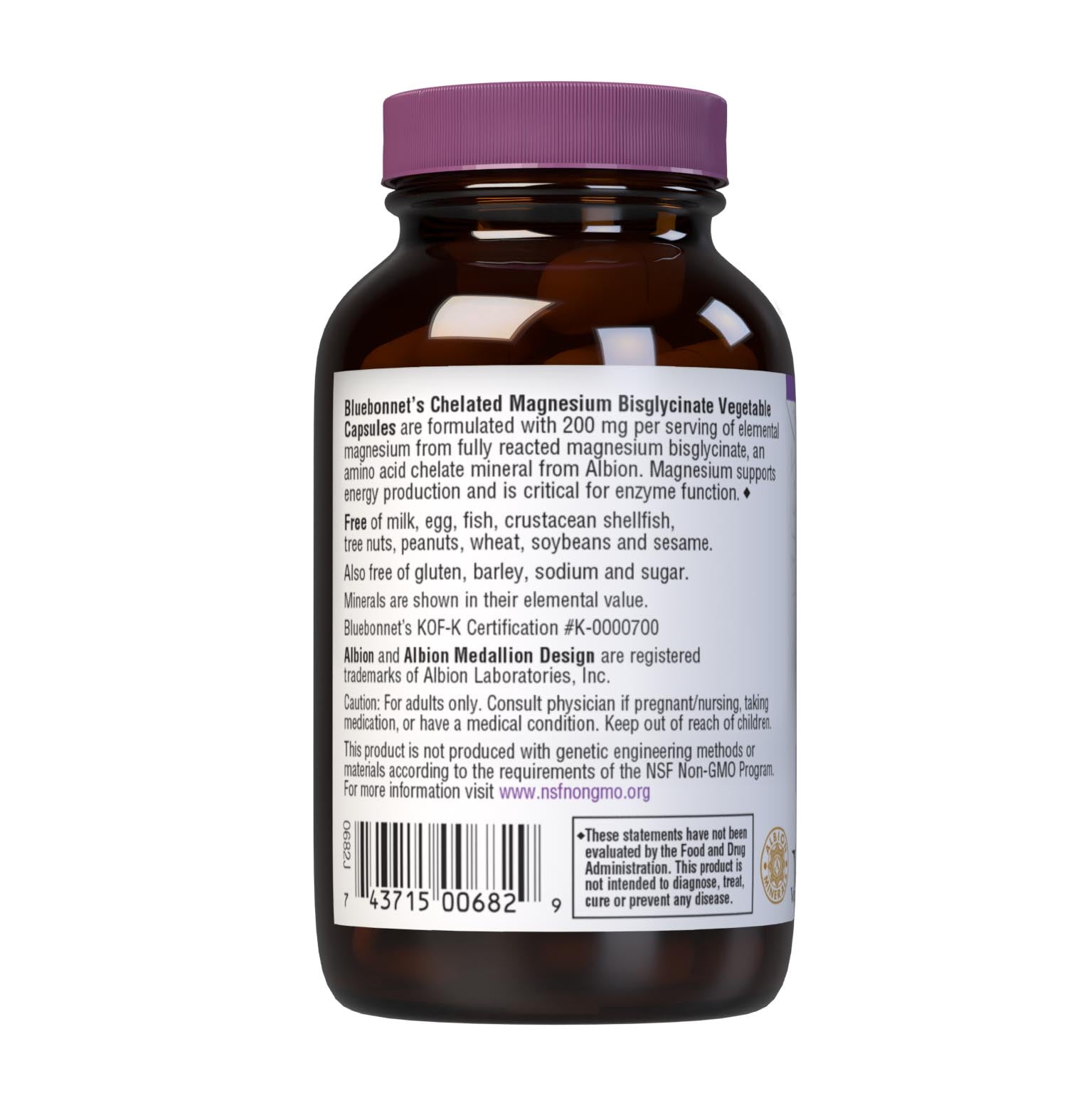 Bluebonnet's Chelated Magnesium Bisglycinate 60 Vegetable Capsules are formulated with 200 mg per serving of elemental magnesium from fully reacted magnesium bisglycinate, an amino acid chelate mineral from Albion that supports energy production and is critical for enzyme function. Description panel. #size_60 count