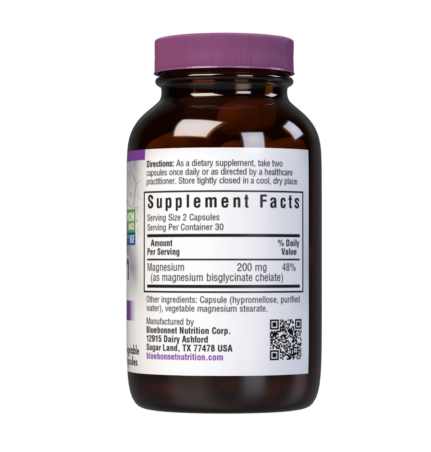 Bluebonnet's Chelated Magnesium Bisglycinate 60 Vegetable Capsules are formulated with 200 mg per serving of elemental magnesium from fully reacted magnesium bisglycinate, an amino acid chelate mineral from Albion that supports energy production and is critical for enzyme function. Supplement facts panel. #size_60 count