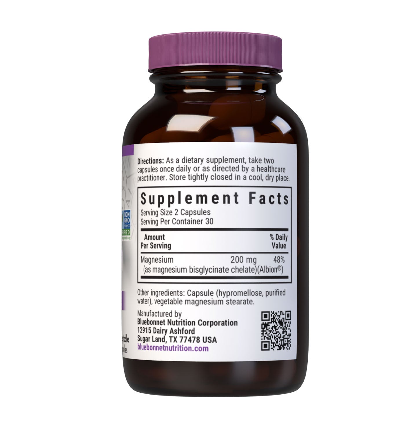 Bluebonnet's Chelated Magnesium Bisglycinate 60 Vegetable Capsules are formulated with 200 mg per serving of elemental magnesium from fully reacted magnesium bisglycinate, an amino acid chelate mineral from Albion that supports energy production and is critical for enzyme function. Supplement facts panel. #size_60 count