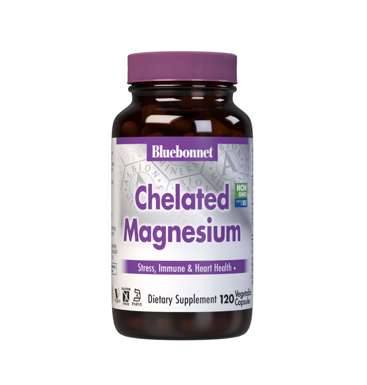 Bluebonnet's Chelated Magnesium Bisglycinate 120 Vegetable Capsules are formulated with 200 mg per serving of elemental magnesium from fully reacted magnesium bisglycinate, an amino acid chelate mineral from Albion that supports energy production and is critical for enzyme function. #size_120 count