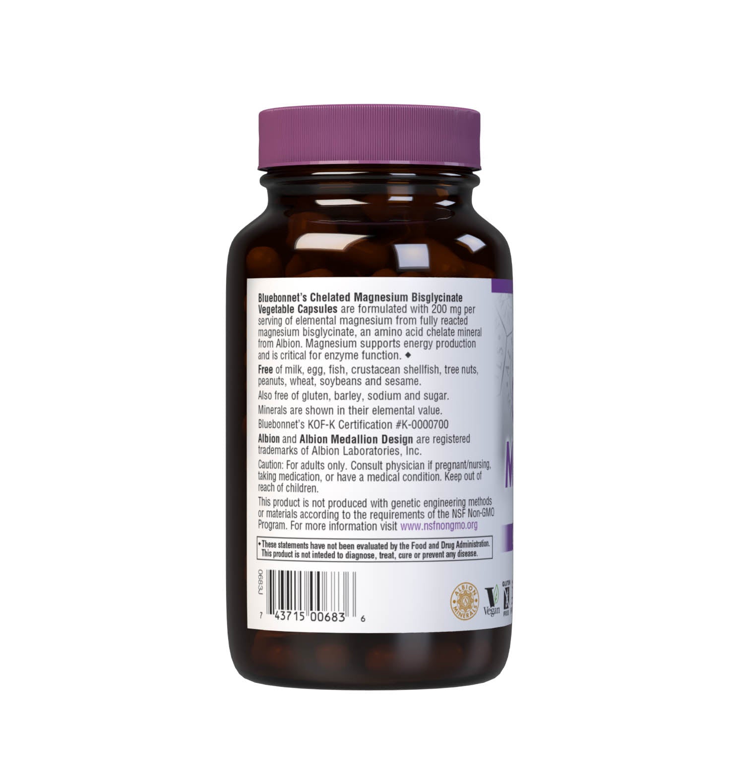 Bluebonnet's Chelated Magnesium Bisglycinate 120 Vegetable Capsules are formulated with 200 mg per serving of elemental magnesium from fully reacted magnesium bisglycinate, an amino acid chelate mineral from Albion that supports energy production and is critical for enzyme function. Description panel. #size_120 count