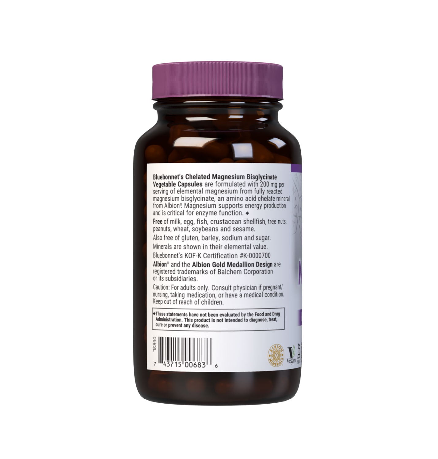 Bluebonnet's Chelated Magnesium Bisglycinate 120 Vegetable Capsules are formulated with 200 mg per serving of elemental magnesium from fully reacted magnesium bisglycinate, an amino acid chelate mineral from Albion that supports energy production and is critical for enzyme function. Description panel. #size_120 count