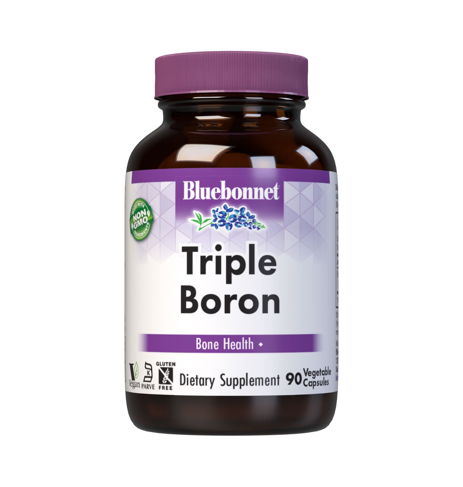 Bluebonnet's Triple Boron 3 mg 90 Vegetable Capsules are formulated with the trace mineral boron, which is multicomplexed with citrate, aspartate and glycinate. Boron is a trace element that helps support bone strength. #size_90 count