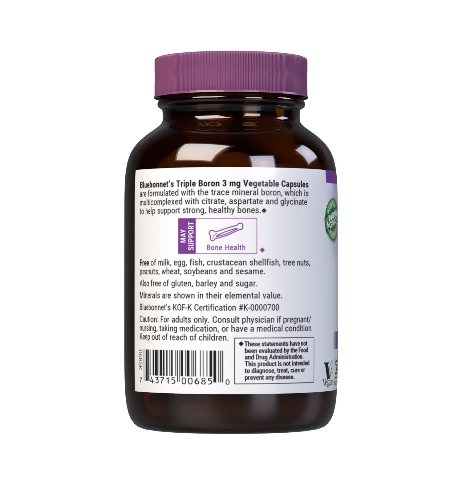 Bluebonnet's Triple Boron 3 mg 90 Vegetable Capsules are formulated with the trace mineral boron, which is multicomplexed with citrate, aspartate and glycinate. Boron is a trace element that helps support bone strength. Description panel. #size_90 count