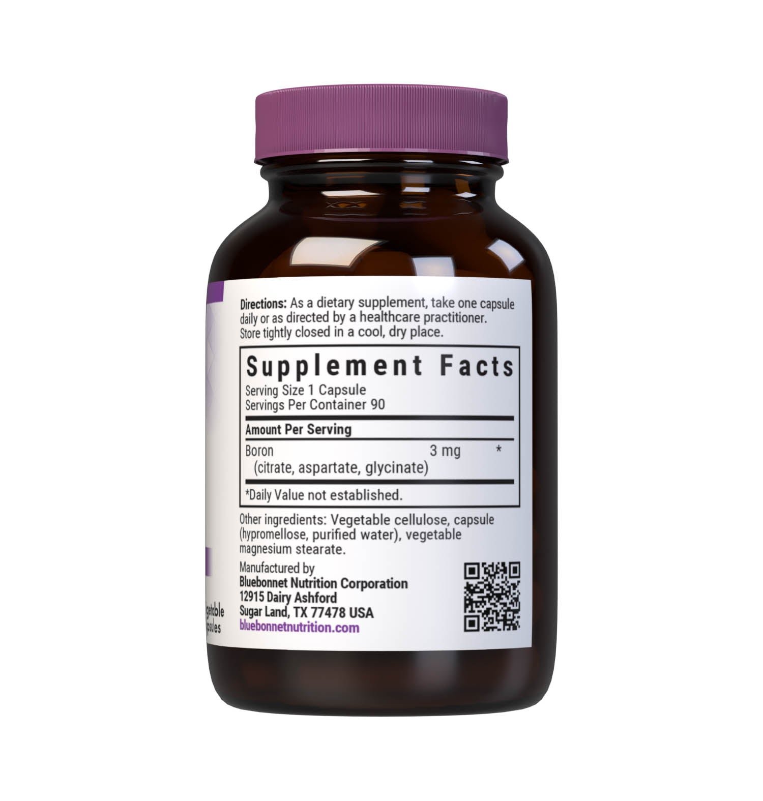 Bluebonnet's Triple Boron 3 mg 90 Vegetable Capsules are formulated with the trace mineral boron, which is multicomplexed with citrate, aspartate and glycinate. Boron is a trace element that helps support bone strength. Supplement facts panel. #size_90 count