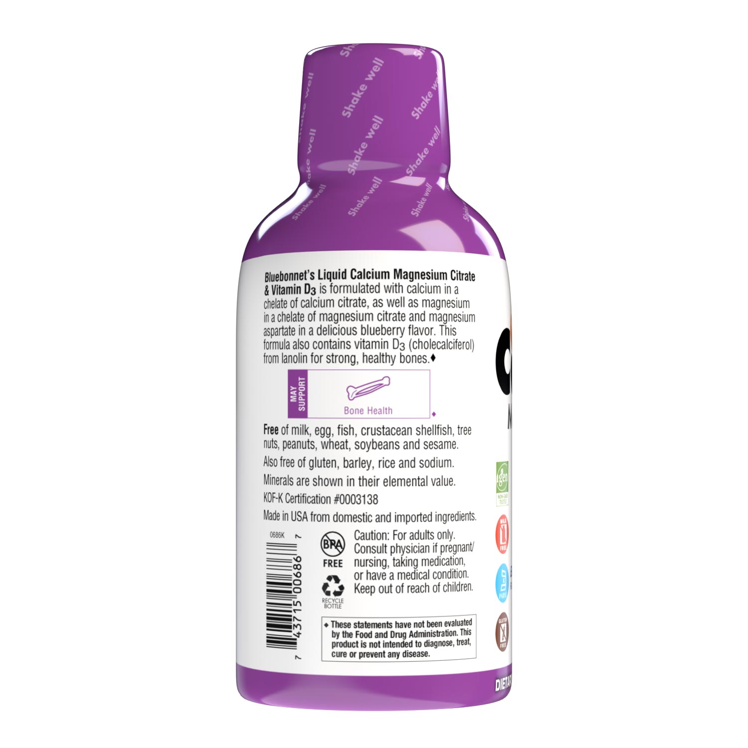 Bluebonnet's Liquid Calcium Magnesium Citrate with Vitamin D3 are formulated with calcium in a chelate of calcium citrate, as well as magnesium in a chelate of magnesium citrate and magnesium aspartate in a delicious blueberry flavor. Plus, this formula are formulated with vitamin D3 (cholecalciferol) from lanolin for strong healthy bones. Description panel. #flavor_blueberry