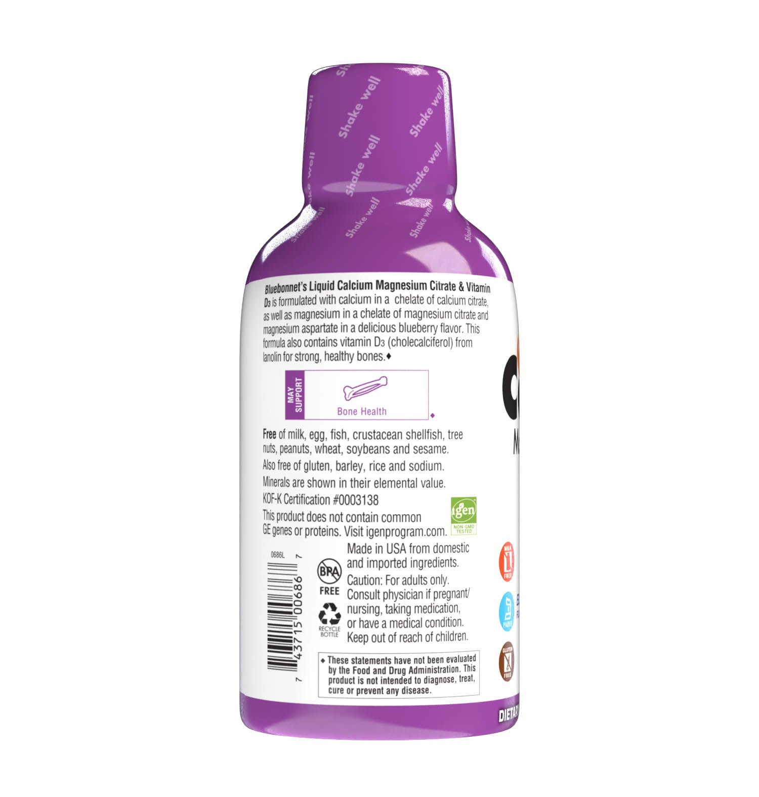 Bluebonnet's Liquid Calcium Magnesium Citrate with Vitamin D3 are formulated with calcium in a chelate of calcium citrate, as well as magnesium in a chelate of magnesium citrate and magnesium aspartate in a delicious blueberry flavor. Plus, this formula are formulated with vitamin D3 (cholecalciferol) from lanolin for strong healthy bones. Description panel. #flavor_blueberry