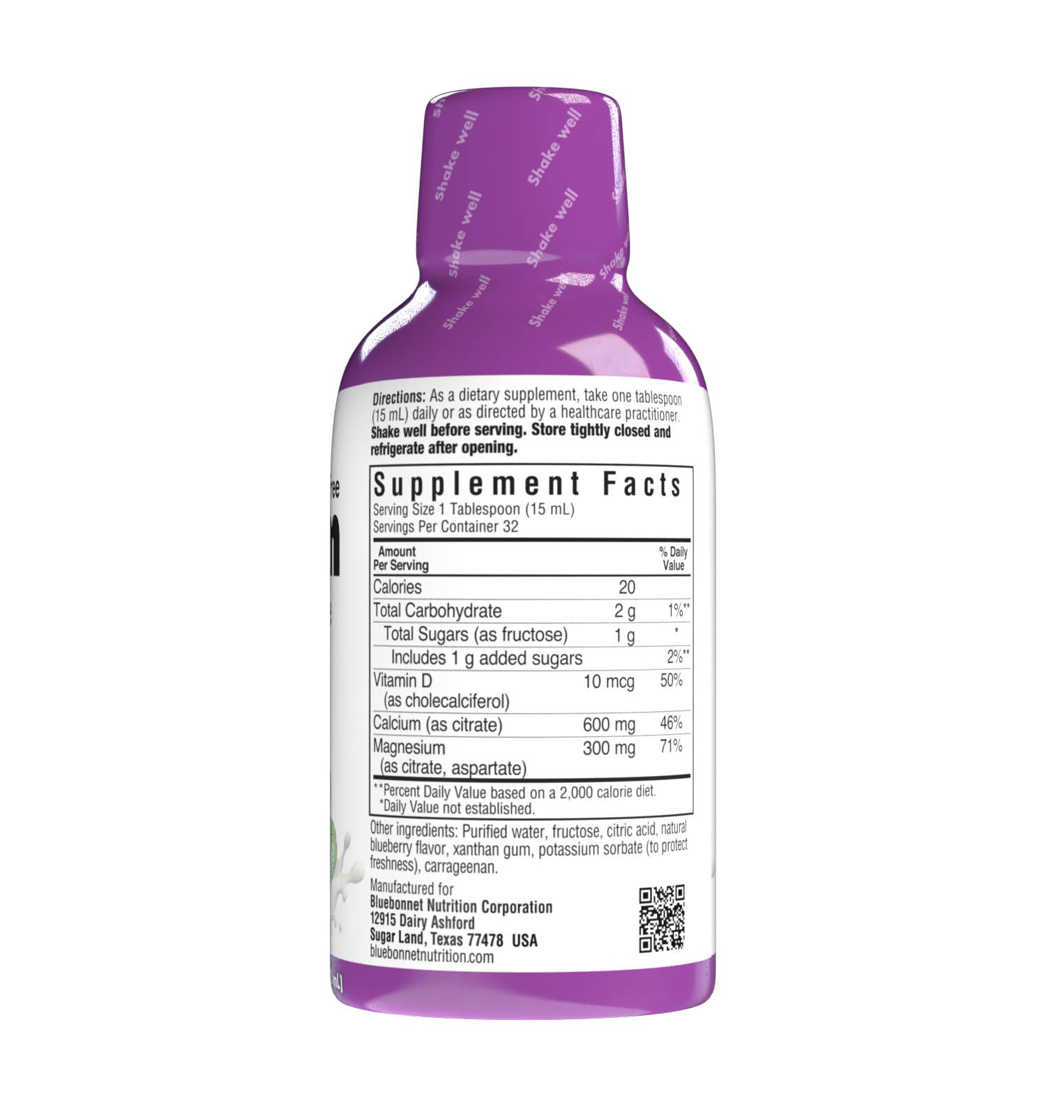 Bluebonnet's Liquid Calcium Magnesium Citrate with Vitamin D3 are formulated with calcium in a chelate of calcium citrate, as well as magnesium in a chelate of magnesium citrate and magnesium aspartate in a delicious blueberry flavor. Plus, this formula are formulated with vitamin D3 (cholecalciferol) from lanolin for strong healthy bones. Supplement facts panel. #flavor_blueberry