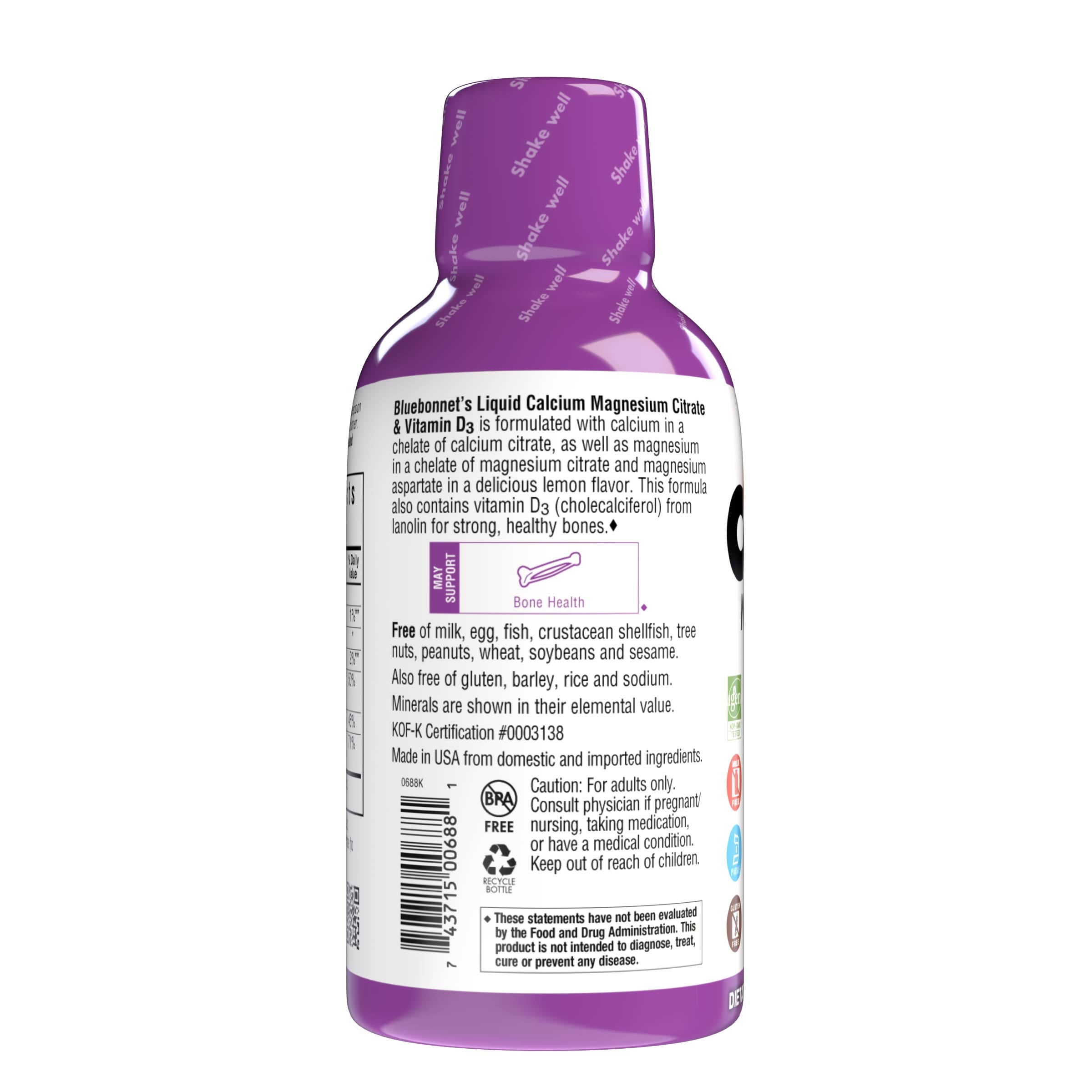 Bluebonnet's Liquid Calcium Magnesium Citrate with Vitamin D3 are formulated with calcium in a chelate of calcium citrate, as well as magnesium in a chelate of magnesium citrate and magnesium aspartate in a delicious lemon flavor. Plus, this formula are formulated with vitamin D3 (cholecalciferol) from lanolin for strong healthy bones. Description panel. #flavor_lemon