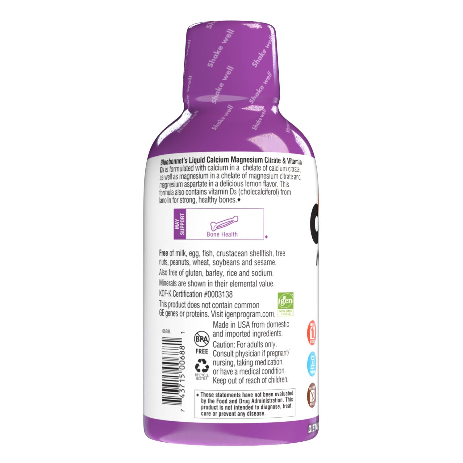 Bluebonnet's Liquid Calcium Magnesium Citrate with Vitamin D3 are formulated with calcium in a chelate of calcium citrate, as well as magnesium in a chelate of magnesium citrate and magnesium aspartate in a delicious lemon flavor. Plus, this formula are formulated with vitamin D3 (cholecalciferol) from lanolin for strong healthy bones. Description panel. #flavor_lemon