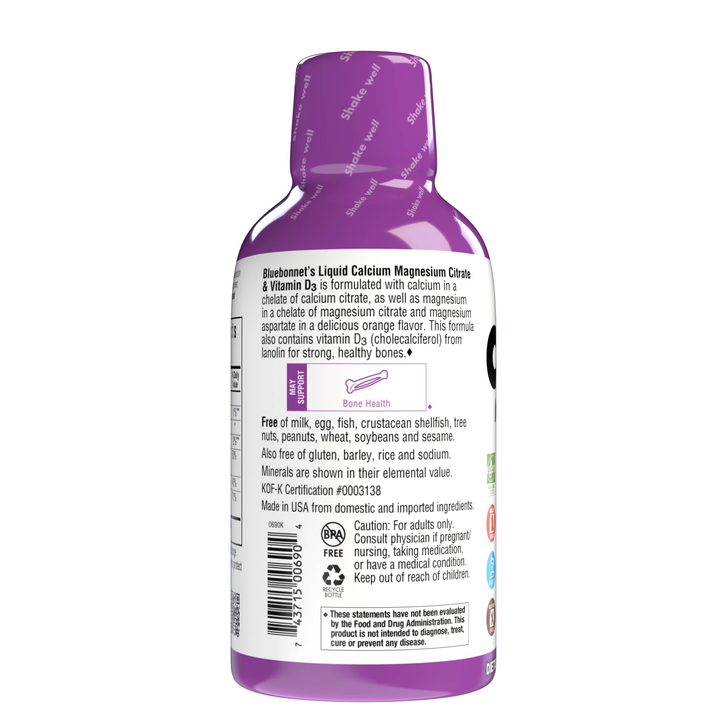 Bluebonnet's Liquid Calcium Magnesium Citrate with Vitamin D3 are formulated with calcium in a chelate of calcium citrate, as well as magnesium in a chelate of magnesium citrate and magnesium aspartate in a delicious orange flavor. Plus, this formula are formulated with vitamin D3 (cholecalciferol) from lanolin for strong healthy bones. Description panel. #flavor_orange