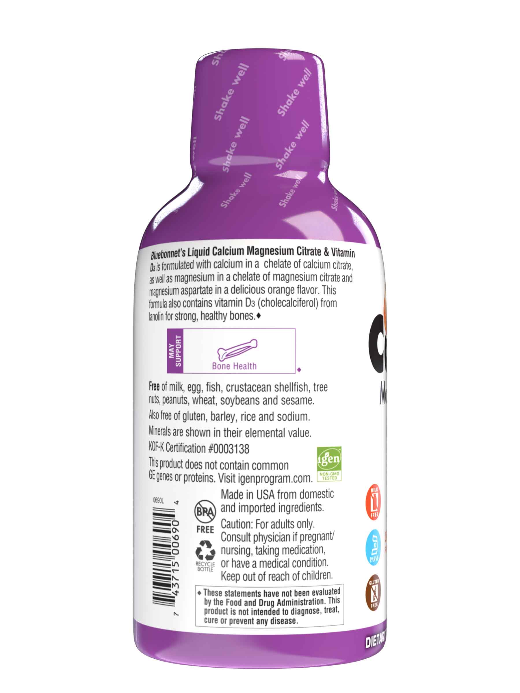 Bluebonnet's Liquid Calcium Magnesium Citrate with Vitamin D3 are formulated with calcium in a chelate of calcium citrate, as well as magnesium in a chelate of magnesium citrate and magnesium aspartate in a delicious orange flavor. Plus, this formula are formulated with vitamin D3 (cholecalciferol) from lanolin for strong healthy bones. Description panel. #flavor_orange