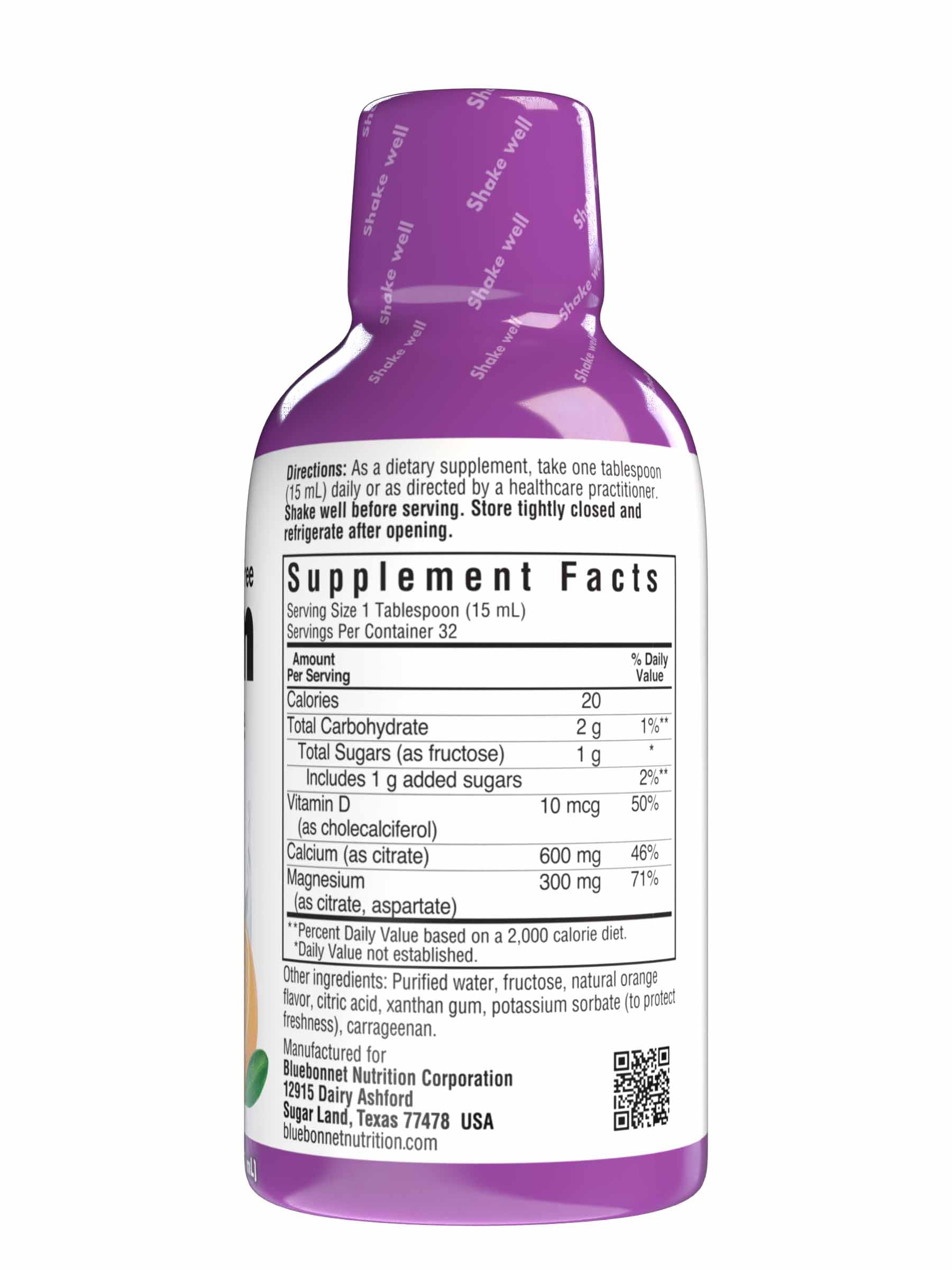 Bluebonnet's Liquid Calcium Magnesium Citrate with Vitamin D3 are formulated with calcium in a chelate of calcium citrate, as well as magnesium in a chelate of magnesium citrate and magnesium aspartate in a delicious orange flavor. Plus, this formula are formulated with vitamin D3 (cholecalciferol) from lanolin for strong healthy bones. Supplement facts panel. #flavor_orange
