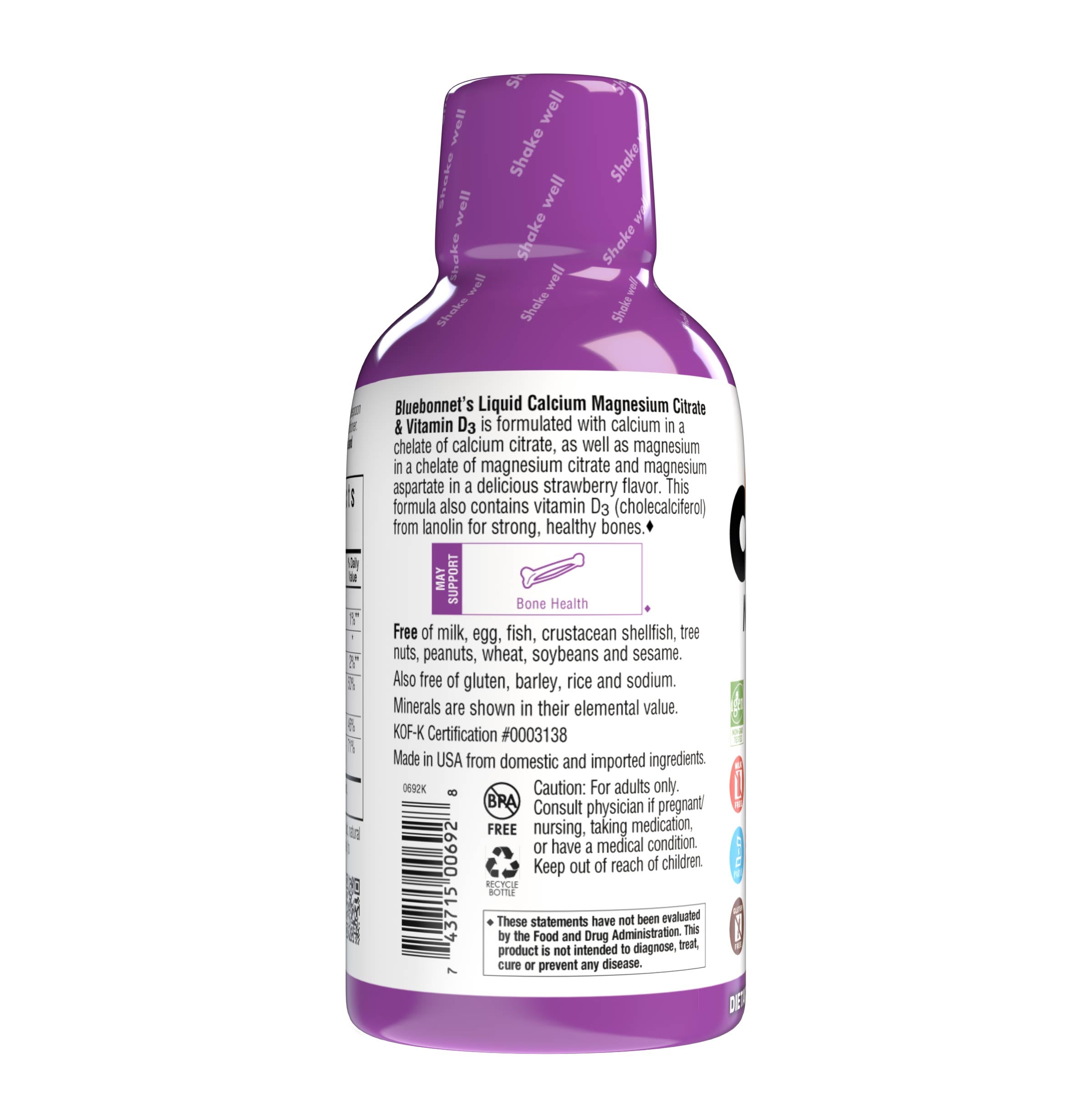 Bluebonnet's Liquid Calcium Magnesium Citrate with Vitamin D3 are formulated with calcium in a chelate of calcium citrate, as well as magnesium in a chelate of magnesium citrate and magnesium aspartate in a delicious strawberry flavor. Plus, this formula are formulated with vitamin D3 (cholecalciferol) from lanolin for strong healthy bones. Description panel. #flavor_strawberry