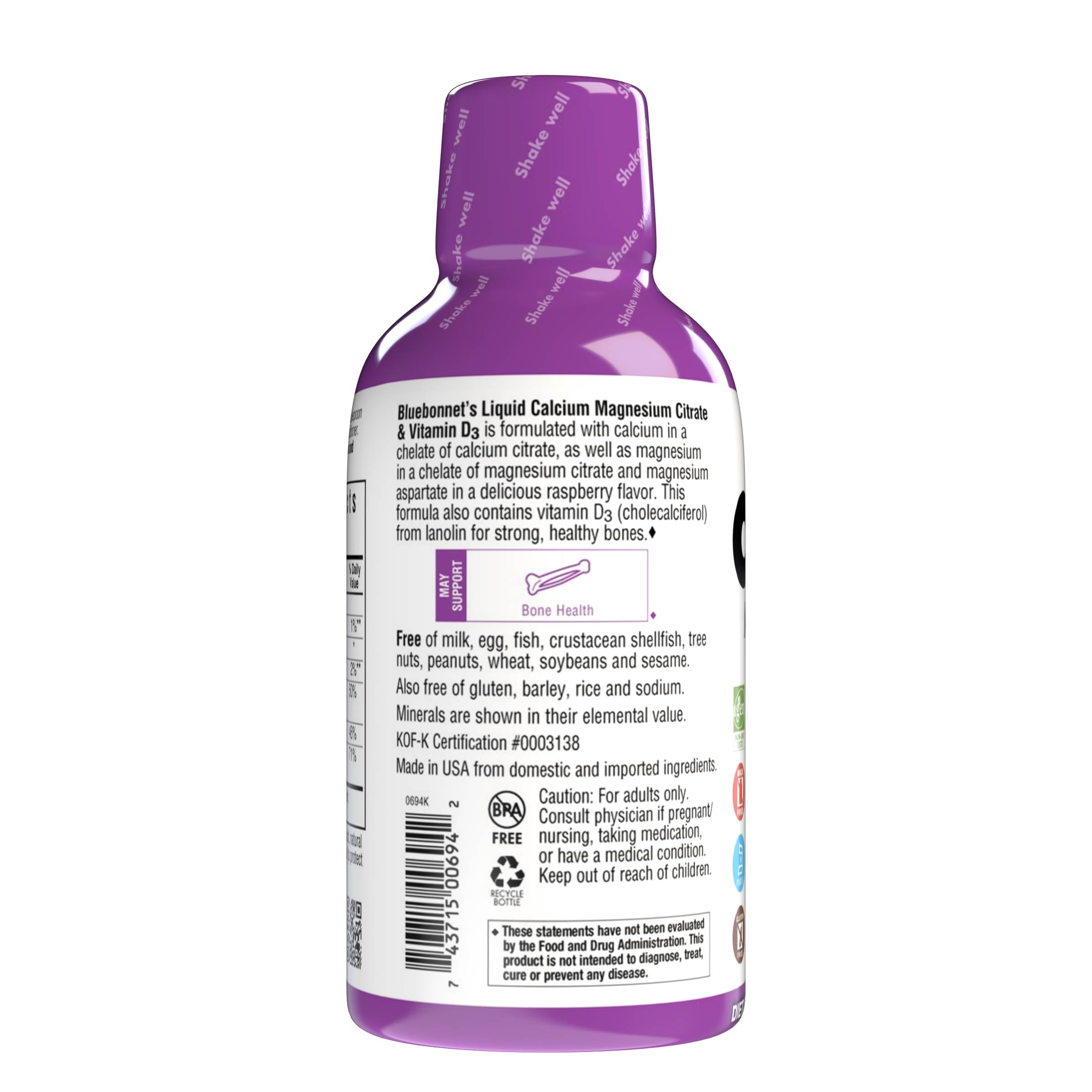 Bluebonnet's Liquid Calcium Magnesium Citrate with Vitamin D3 are formulated with calcium in a chelate of calcium citrate, as well as magnesium in a chelate of magnesium citrate and magnesium aspartate in a delicious raspberry flavor. Plus, this formula are formulated with vitamin D3 (cholecalciferol) from lanolin for strong healthy bones. Description panel. #flavor_raspberry