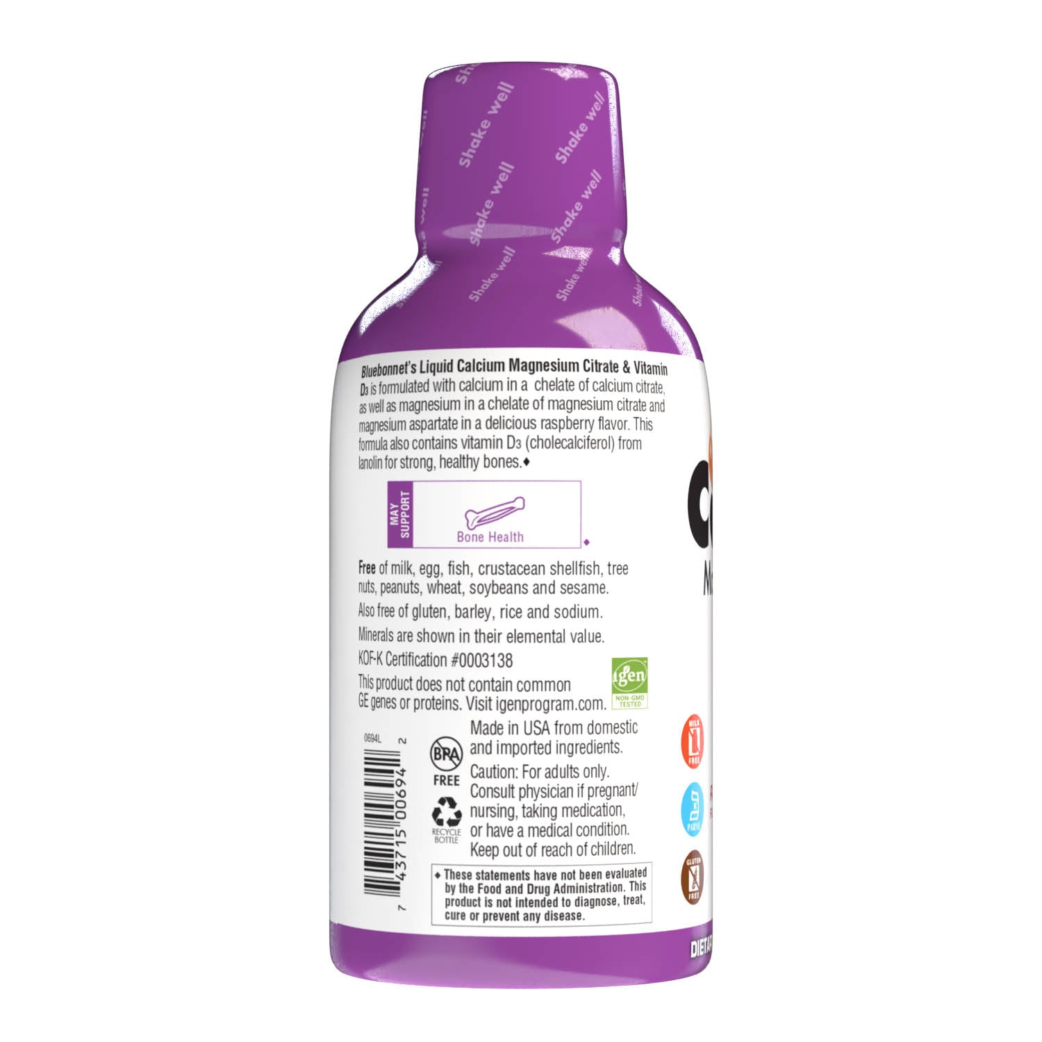 Bluebonnet's Liquid Calcium Magnesium Citrate with Vitamin D3 are formulated with calcium in a chelate of calcium citrate, as well as magnesium in a chelate of magnesium citrate and magnesium aspartate in a delicious raspberry flavor. Plus, this formula are formulated with vitamin D3 (cholecalciferol) from lanolin for strong healthy bones. Description panel. #flavor_raspberry