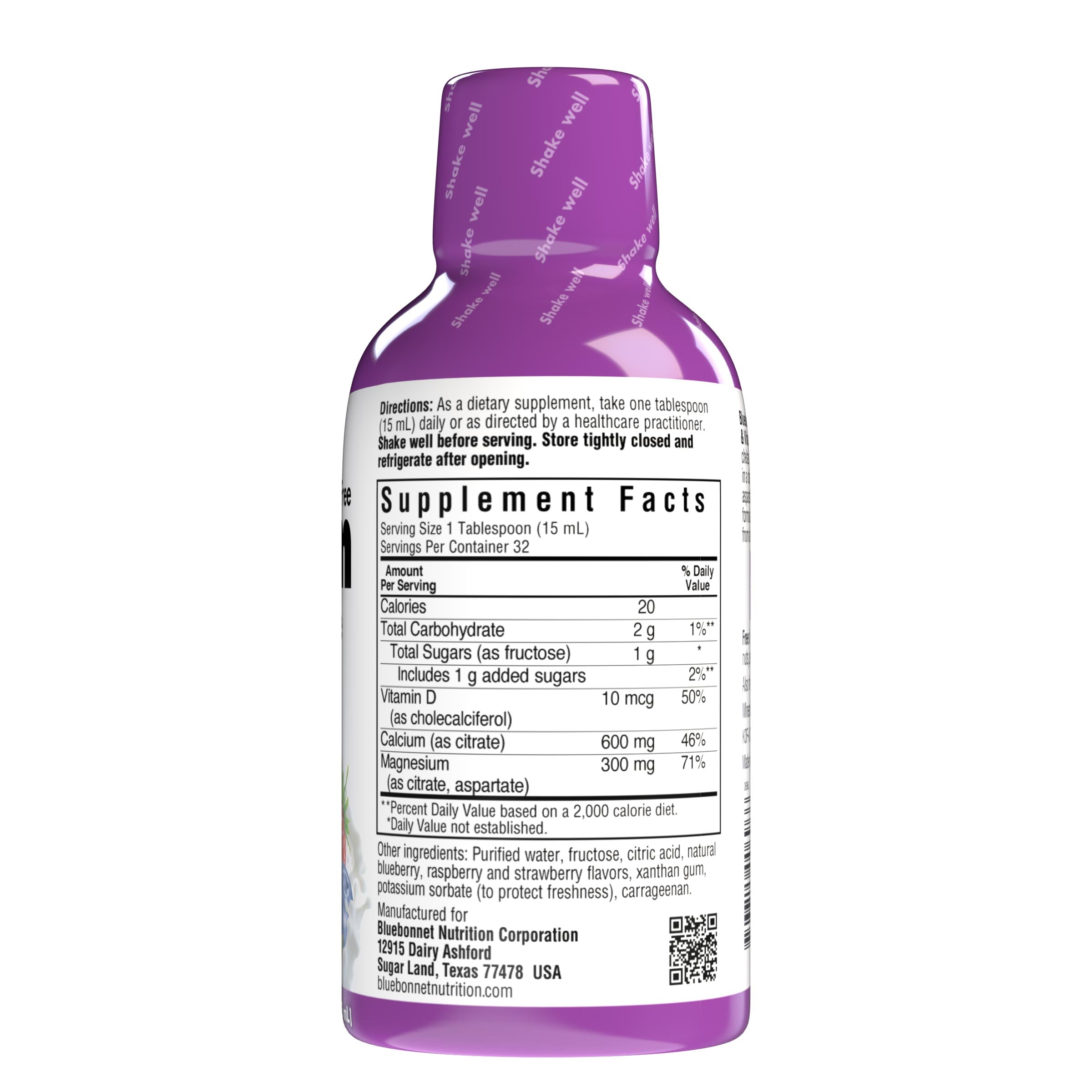  Bluebonnet's Liquid Calcium Magnesium Citrate with Vitamin D3 are formulated with calcium in a chelate of calcium citrate, as well as magnesium in a chelate of magnesium citrate and magnesium aspartate in a delicious mixed berry flavor. Plus, this formula are formulated with vitamin D3 (cholecalciferol) from lanolin for strong healthy bones. Supplement facts panel. #flavor_mixed berry