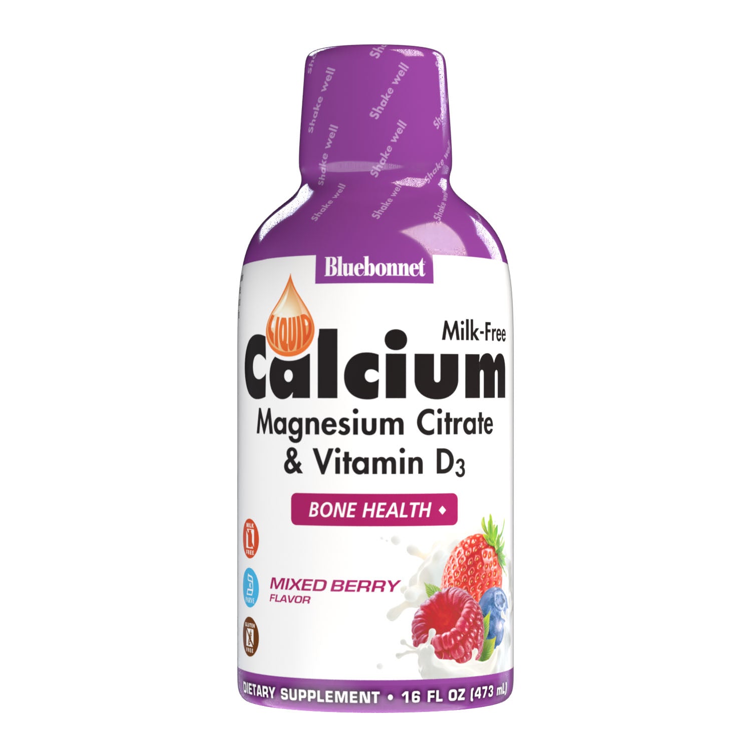 Bluebonnet's Liquid Calcium Magnesium Citrate with Vitamin D3 are formulated with calcium in a chelate of calcium citrate, as well as magnesium in a chelate of magnesium citrate and magnesium aspartate in a delicious mixed berry flavor. Plus, this formula are formulated with vitamin D3 (cholecalciferol) from lanolin for strong healthy bones. #flavor_mixed berry