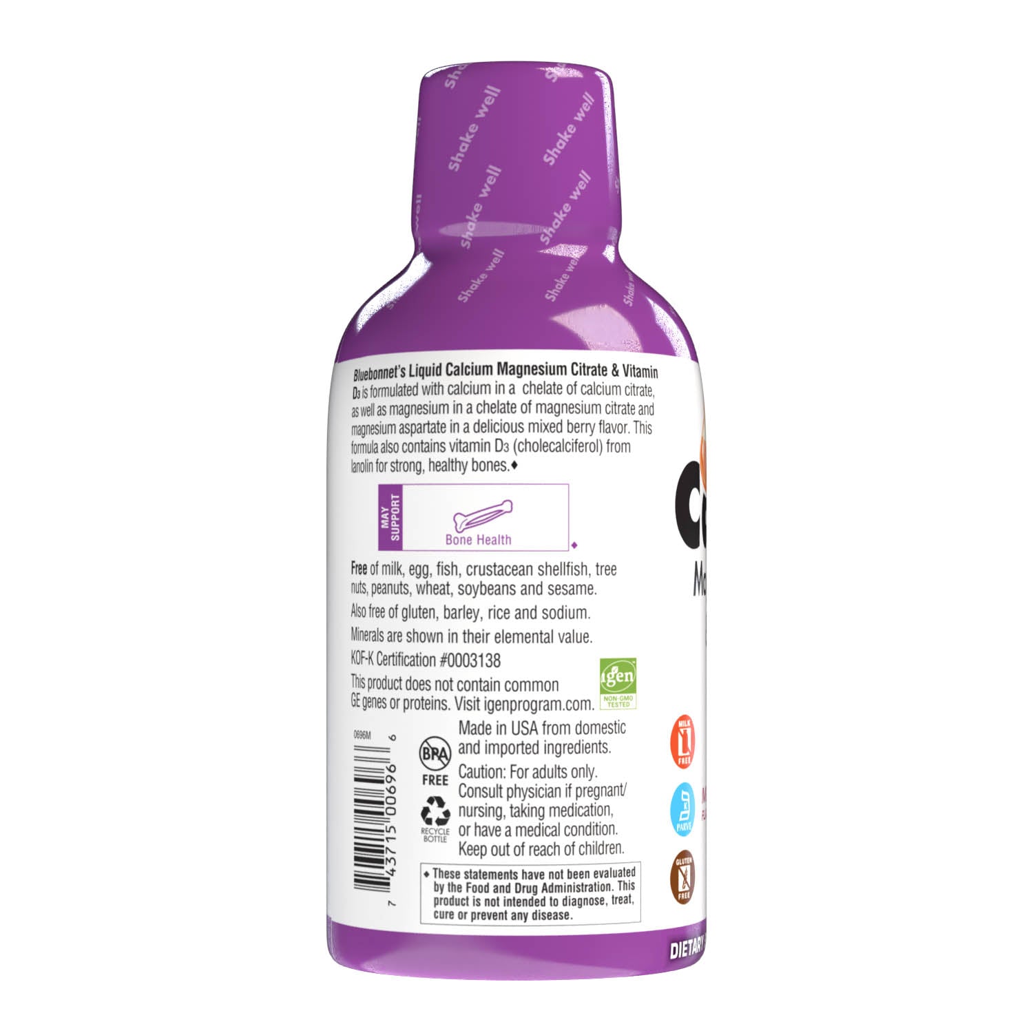 Bluebonnet's Liquid Calcium Magnesium Citrate with Vitamin D3 are formulated with calcium in a chelate of calcium citrate, as well as magnesium in a chelate of magnesium citrate and magnesium aspartate in a delicious mixed berry flavor. Plus, this formula are formulated with vitamin D3 (cholecalciferol) from lanolin for strong healthy bones. Description panel. #flavor_mixed berry