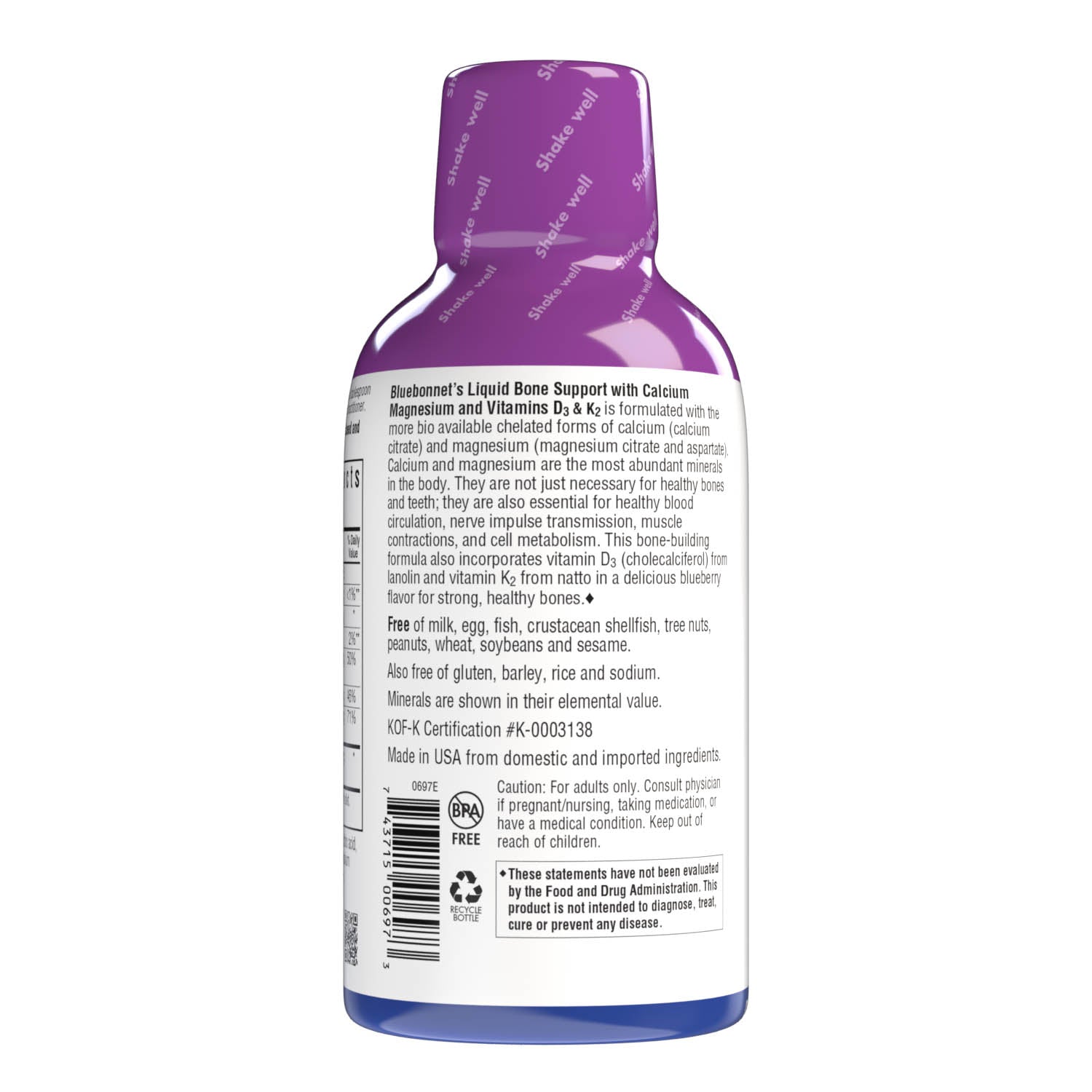 Bluebonnet's Liquid Bone Support with Calcium Magnesium and Vitamins D3 & K2 is formulated with the more bioavailable chelated forms of calcium (calcium citrate) and magnesium (magnesium citrate and aspartate). Calcium and magnesium are not just necessary for healthy bones and teeth; they are also essential for healthy blood circulation, nerve impulse transmission, muscle contractions, and cell metabolism. Description panel. #size_16 fl oz