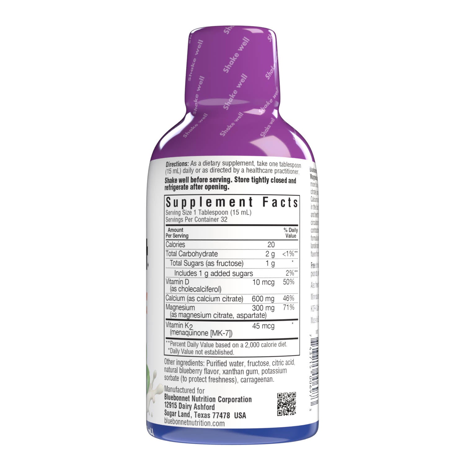 Bluebonnet's Liquid Bone Support with Calcium Magnesium and Vitamins D3 & K2 is formulated with the more bioavailable chelated forms of calcium (calcium citrate) and magnesium (magnesium citrate and aspartate). Calcium and magnesium are not just necessary for healthy bones and teeth; they are also essential for healthy blood circulation, nerve impulse transmission, muscle contractions, and cell metabolism. Supplement facts panel. #size_16 fl oz