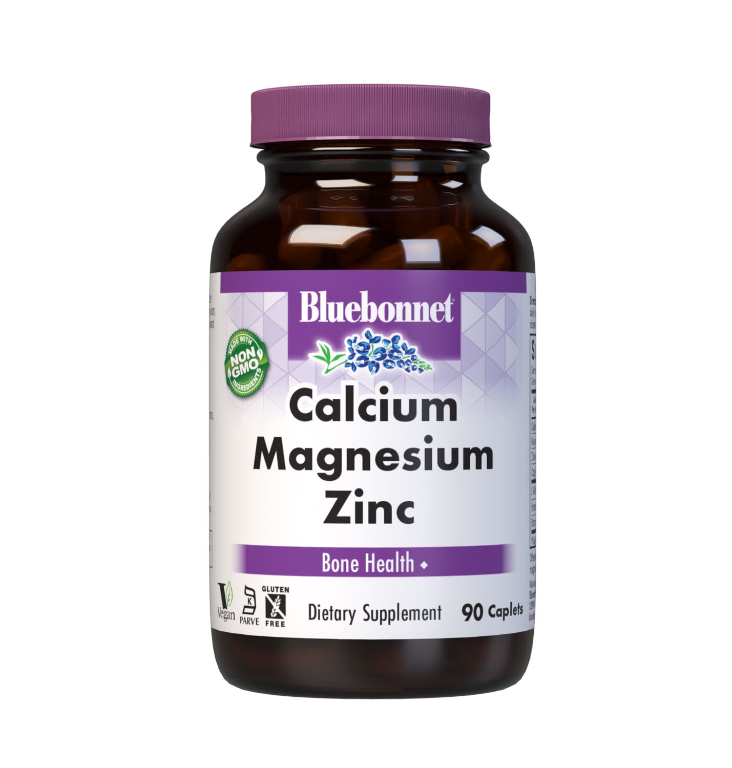 Bluebonnet's Calcium Magnesium & Zinc 90 Caplets are formulated with a combination of calcium, magnesium, zinc, copper and boron along with L-glutamic acid and horsetail powder for strong, healthy bones. #size_90 count