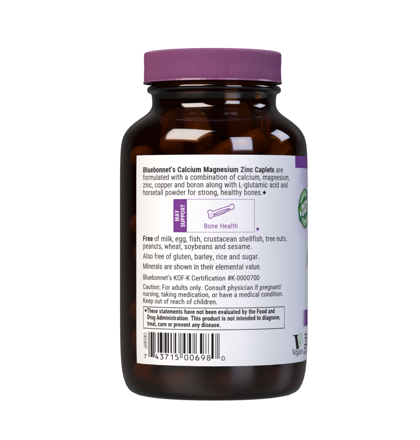 Bluebonnet's Calcium Magnesium & Zinc 90 Caplets are formulated with a combination of calcium, magnesium, zinc, copper and boron along with L-glutamic acid and horsetail powder for strong, healthy bones. Description panel. #size_90 count