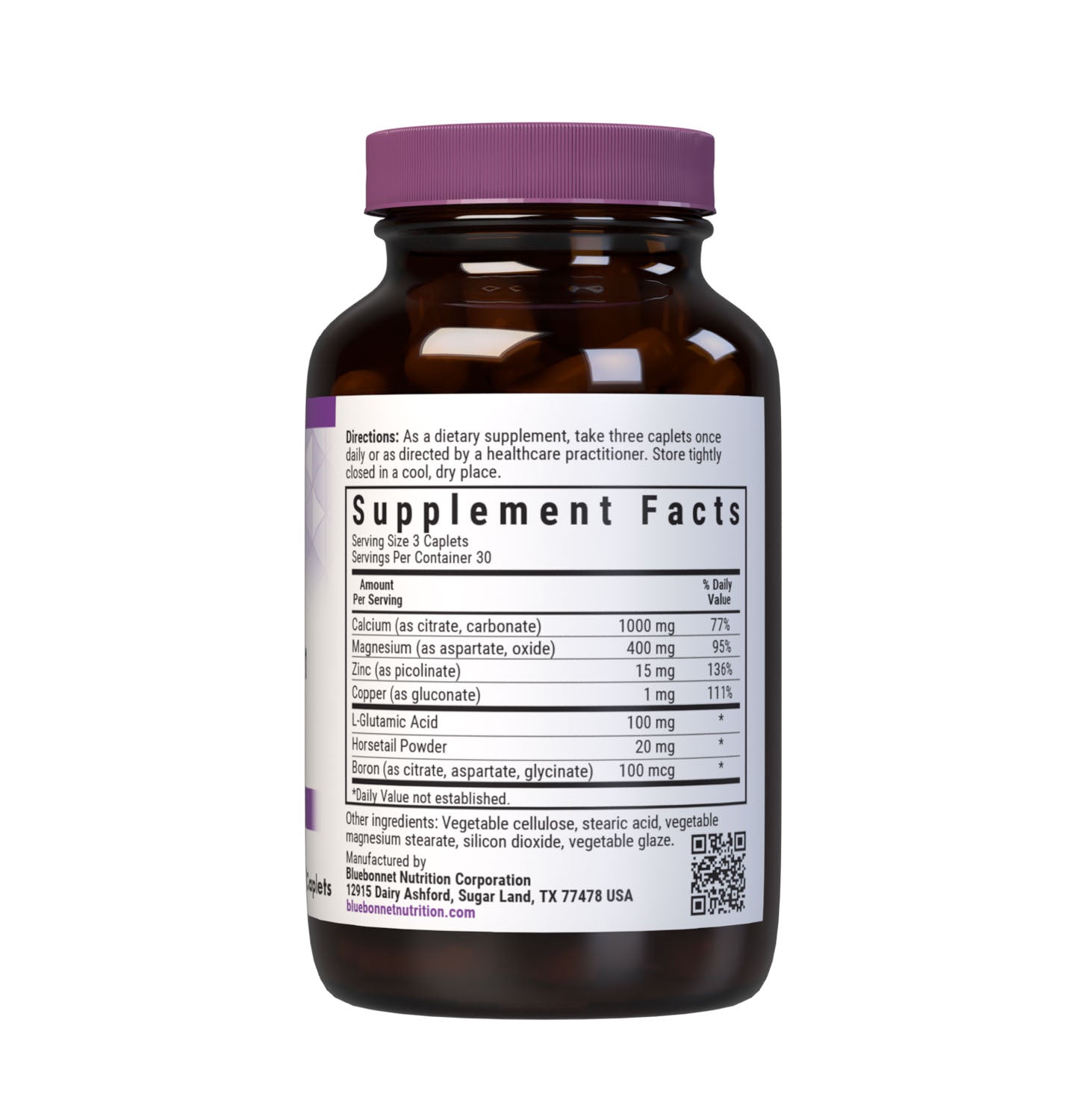 Bluebonnet's Calcium Magnesium & Zinc 90 Caplets are formulated with a combination of calcium, magnesium, zinc, copper and boron along with L-glutamic acid and horsetail powder for strong, healthy bones. Supplement facts panel. #size_90 count