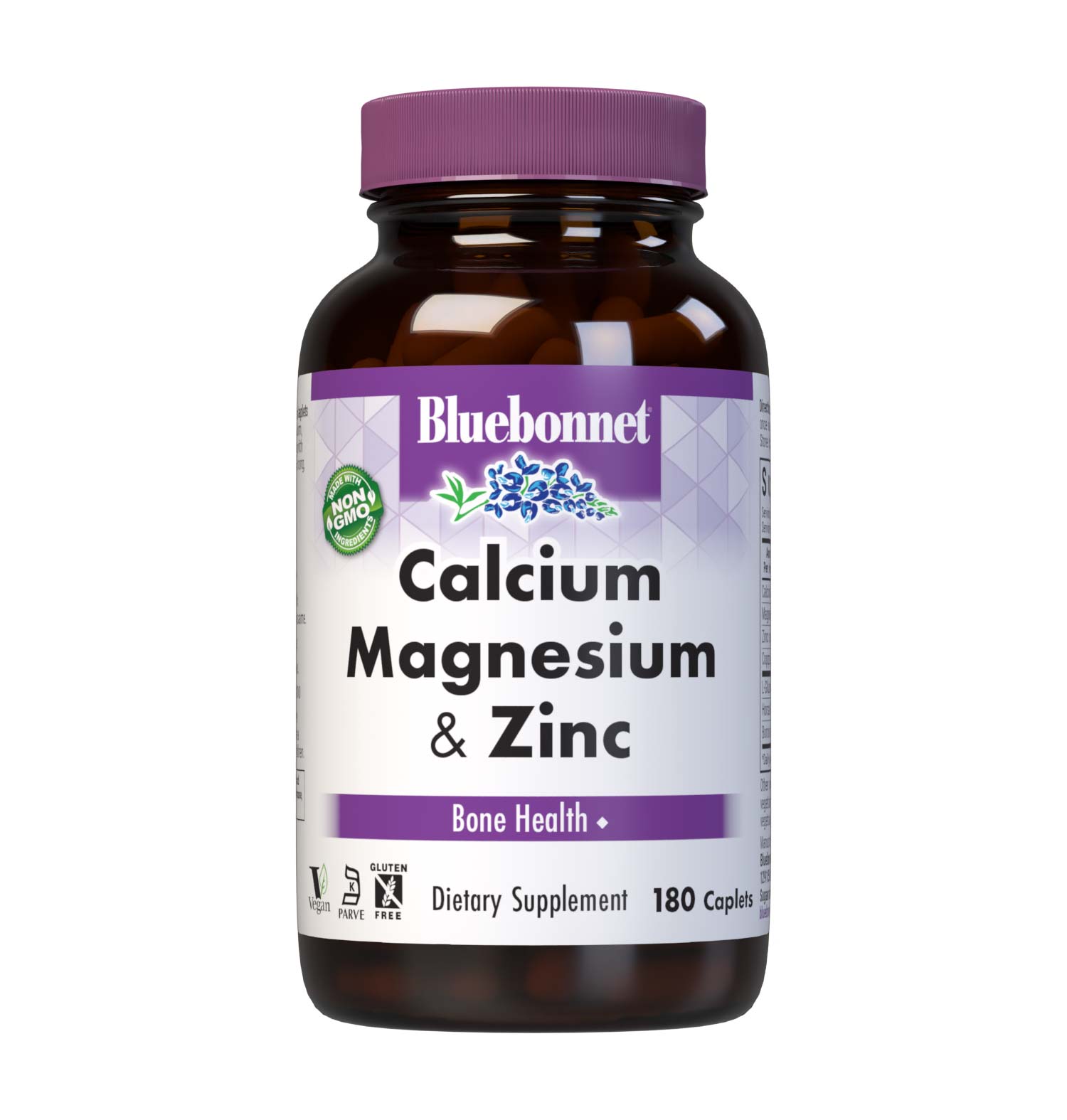Bluebonnet's Calcium Magnesium & Zinc 180 Caplets are formulated with a combination of calcium, magnesium, zinc, copper and boron along with L-glutamic acid and horsetail powder for strong, healthy bones. Description panel. #size_180 count