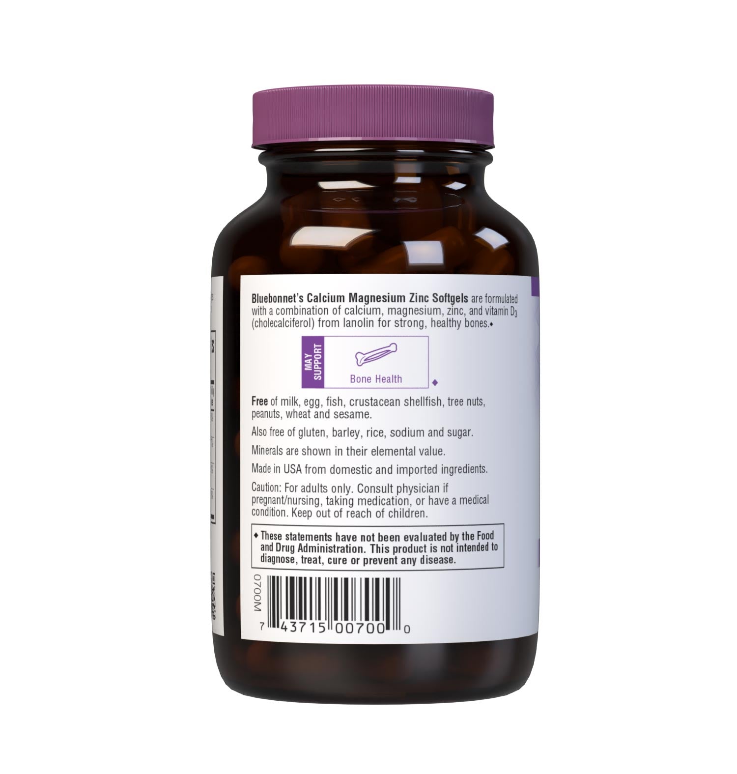 Bluebonnet's Calcium Magnesium Zinc 60 Softgels are formulated with a combination of calcium, magnesium, zinc high potency combination of calcium, magnesium, zinc, and vitamin D3 (cholecalciferol) from lanolin for strong, healthy bones. Description panel. #size_60 count