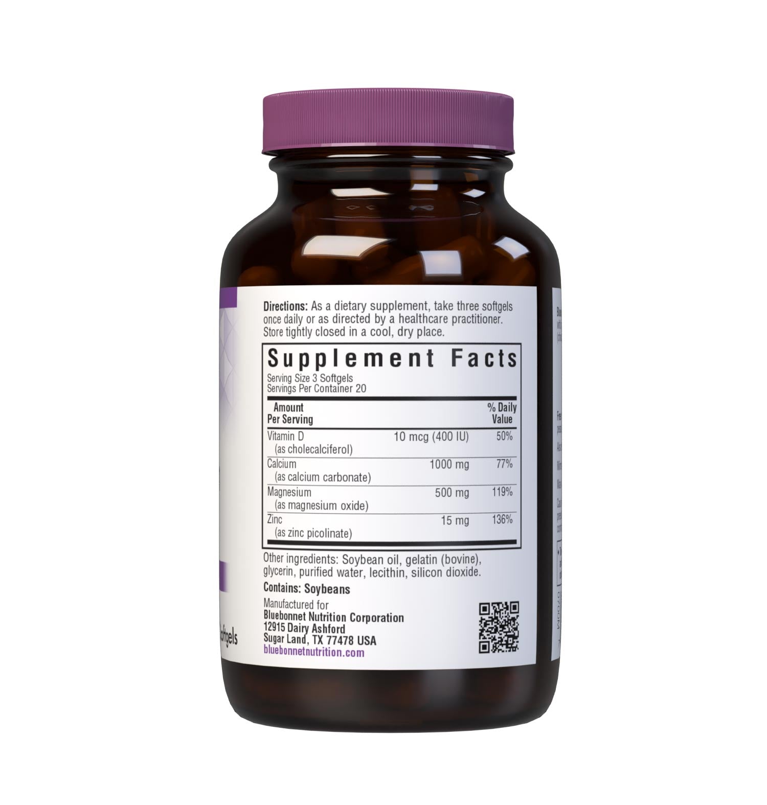 Bluebonnet's Calcium Magnesium Zinc 60 Softgels are formulated with a combination of calcium, magnesium, zinc high potency combination of calcium, magnesium, zinc, and vitamin D3 (cholecalciferol) from lanolin for strong, healthy bones. Supplement facts panel. #size_60 count