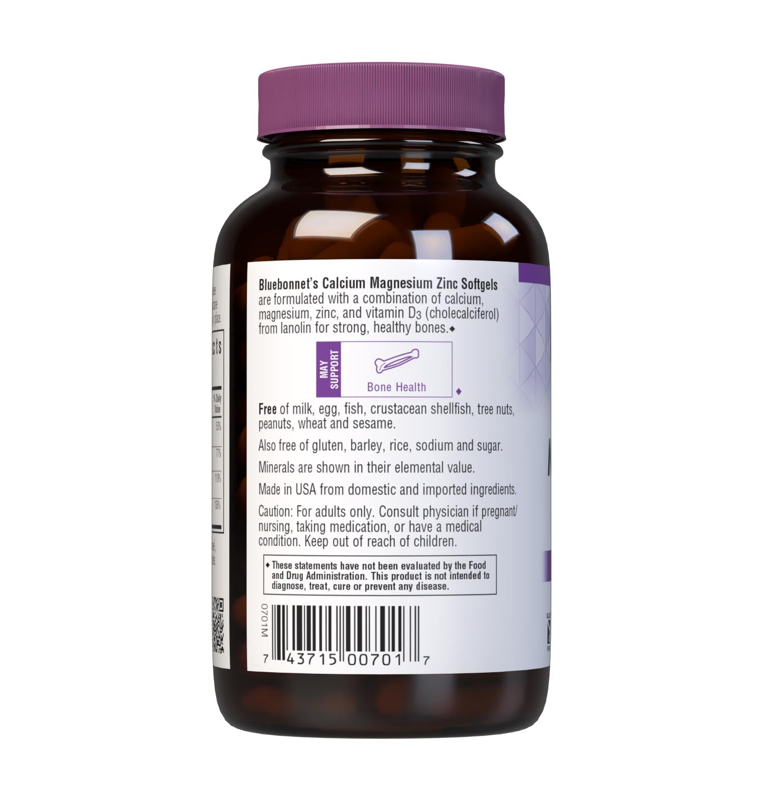 Bluebonnet's Calcium Magnesium Zinc 60 Softgels are formulated with a combination of calcium, magnesium, zinc high potency combination of calcium, magnesium, zinc, and vitamin D3 (cholecalciferol) from lanolin for strong, healthy bones. Description panel. #size_120 count