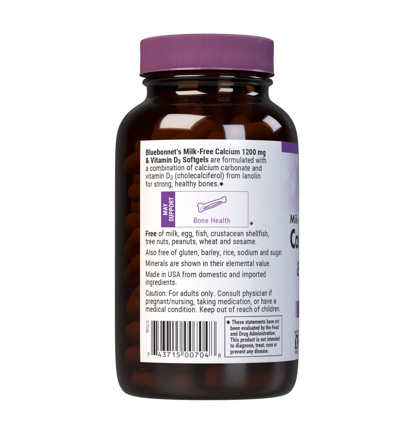 Bluebonnet’s Milk-Free Calcium 1200 mg & Vitamin D3 120 Softgels are formulated with a combination of calcium carbonate and vitamin D3 (cholecalciferol) from lanolin for strong, healthy bones. Description panel. #size_120 count