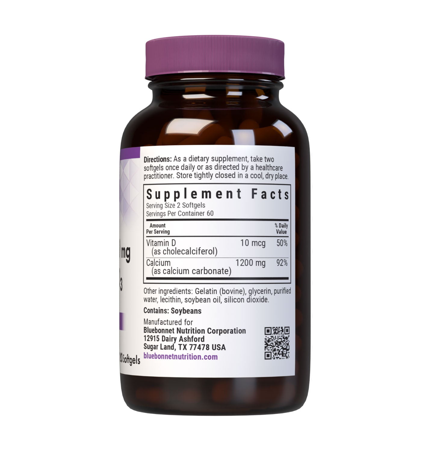 Bluebonnet’s Milk-Free Calcium 1200 mg & Vitamin D3 120 Softgels are formulated with a combination of calcium carbonate and vitamin D3 (cholecalciferol) from lanolin for strong, healthy bones. Supplement facts panel. #size_120 count