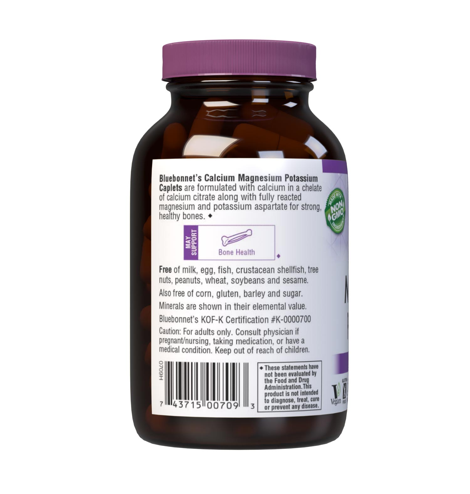 Bluebonnet's Calcium Magnesium Potassium 90 Caplets are formulated with calcium in a chelate of calcium citrate along with fully reacted magnesium and potassium aspartate for strong, healthy bones. Description panel. #size_90 count