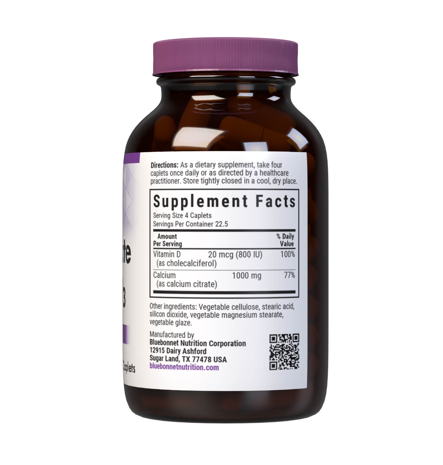 Bluebonnet's Calcium Citrate and Vitamin D3 90 Caplets are formulated with calcium in a chelate of calcium citrate and vitamin D3 (cholecalciferol) from lanolin for strong, healthy bones. Supplement facts panel. #size_90 count