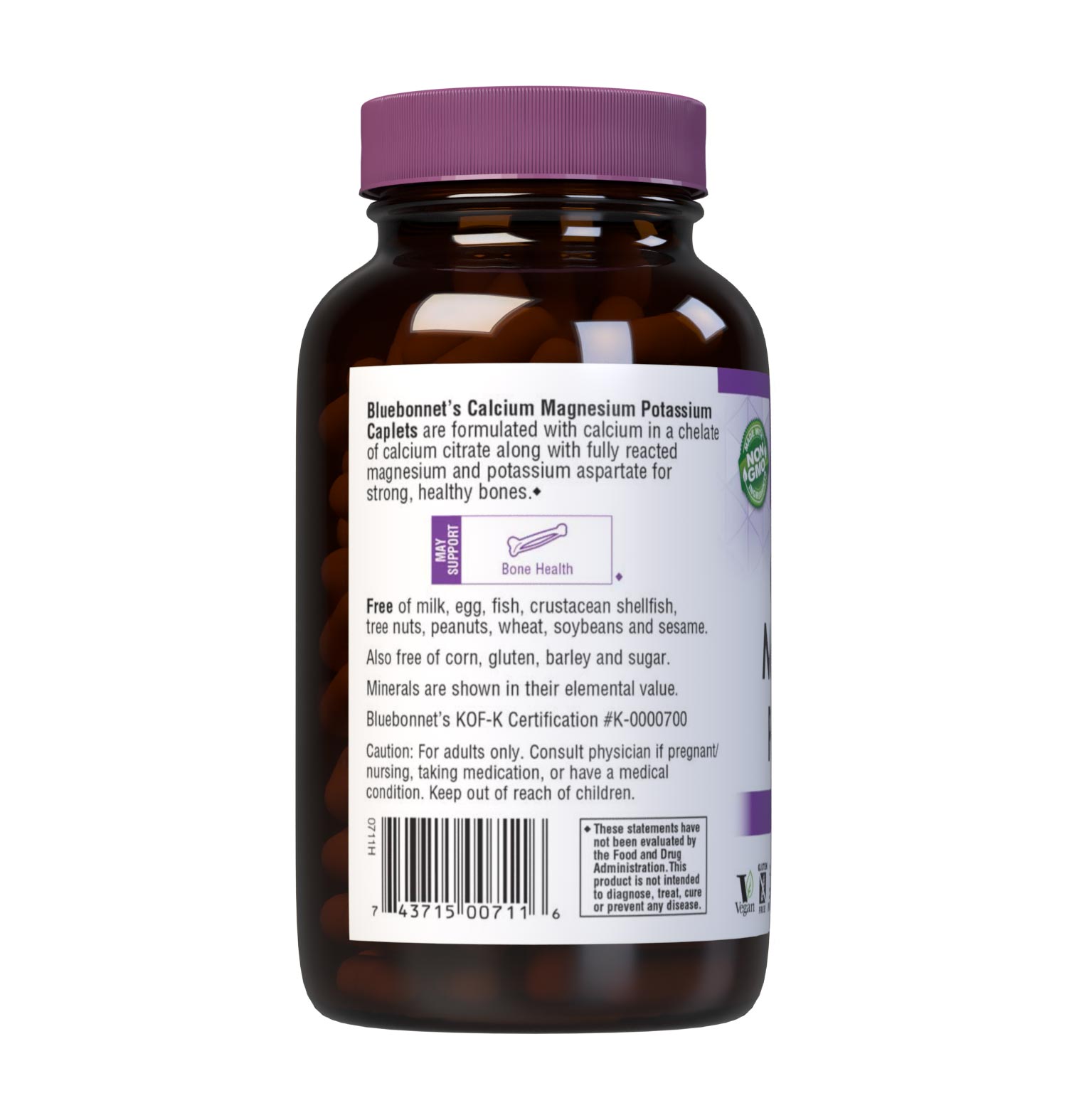 Bluebonnet's Calcium Magnesium Potassium 180 Caplets are formulated with calcium in a chelate of calcium citrate along with fully reacted magnesium and potassium aspartate for strong, healthy bones. Description panel. #size_180 count