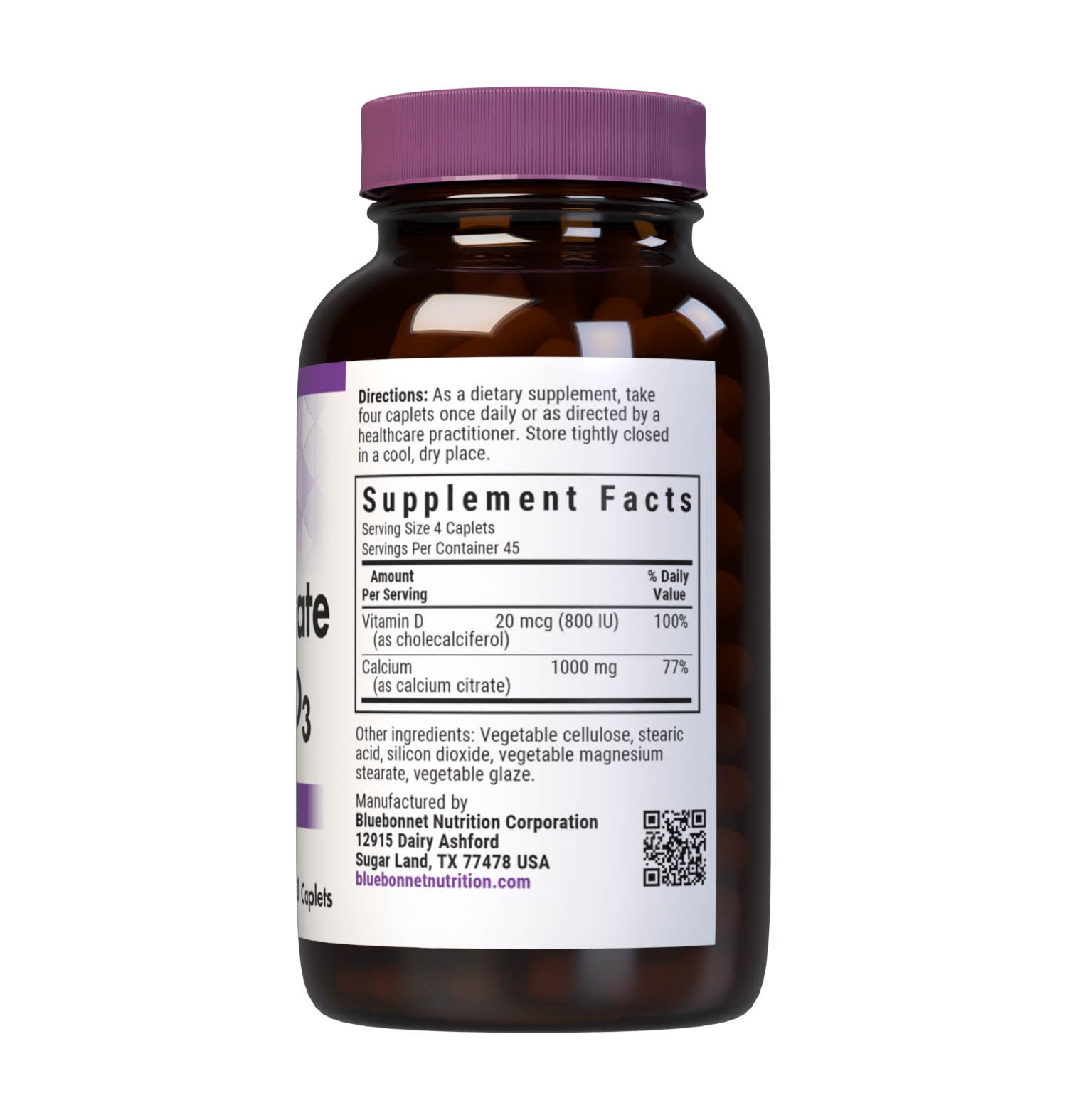 Bluebonnet's Calcium Citrate and Vitamin D3 180 Caplets are formulated with calcium in a chelate of calcium citrate and vitamin D3 (cholecalciferol) from lanolin for strong, healthy bones. Supplement facts panel. #size_180 count